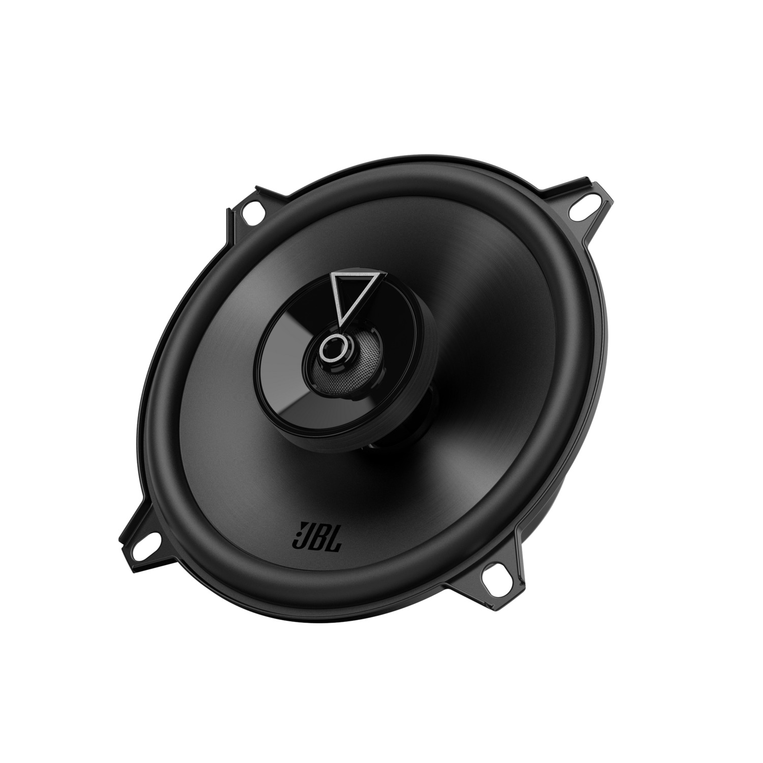 Black car speaker with a triangle in the center. Black background.