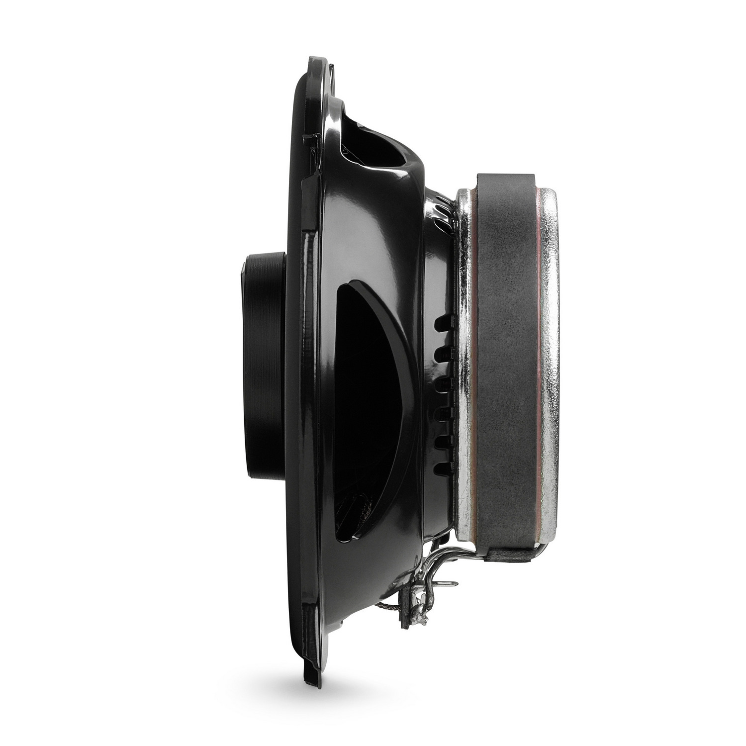 A side view of a black speaker with a circular frame and internal components.