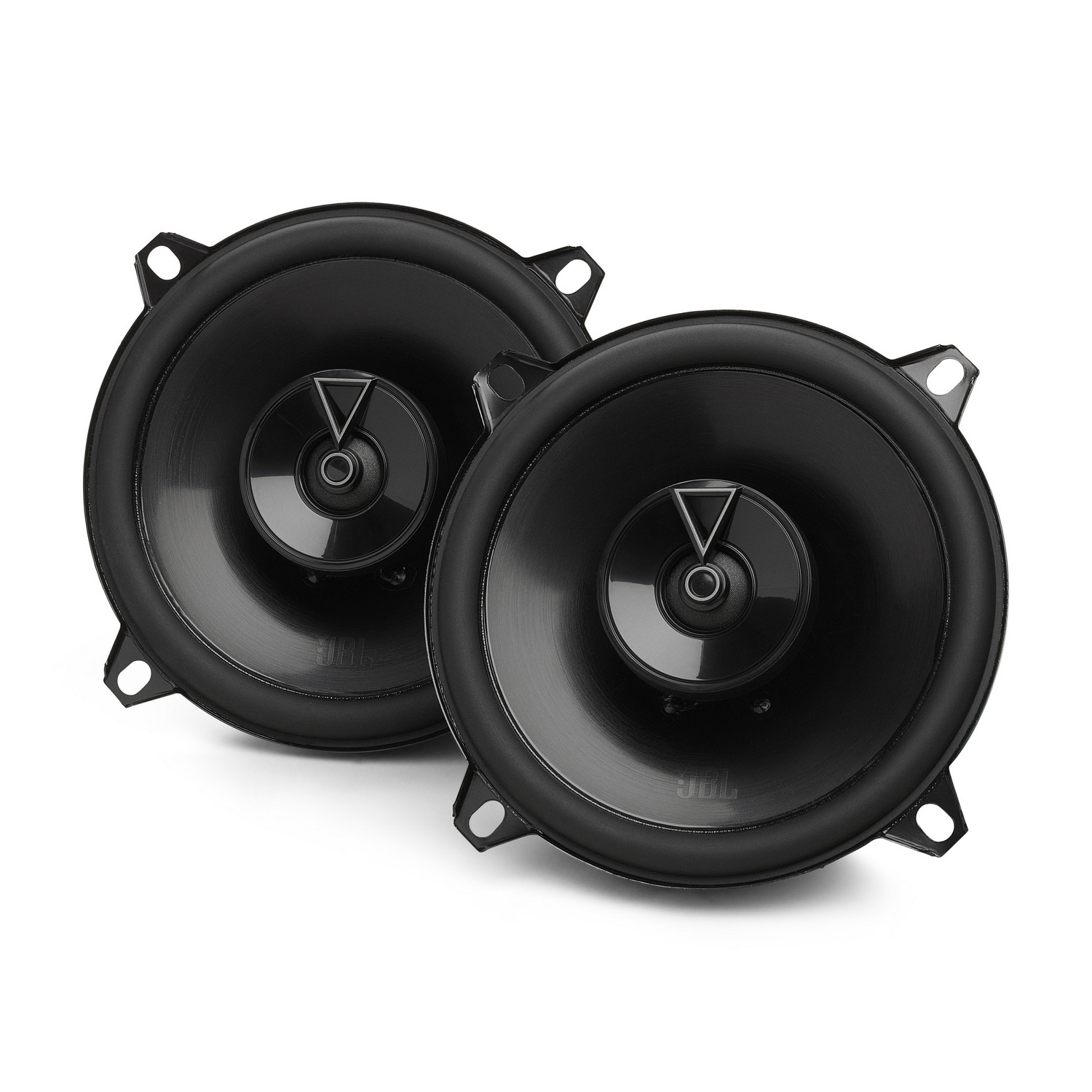 Two black JBL car speakers with a triangle logo on a white background.