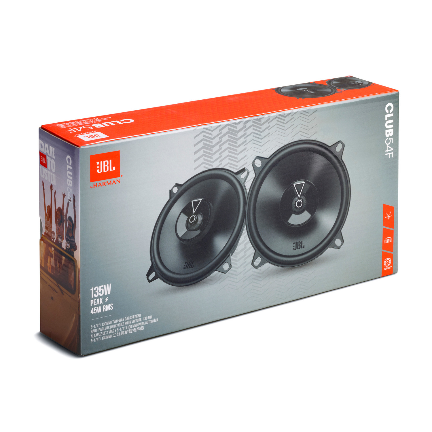 A JBL Club 54F car speaker box. It's orange and black with two speakers on the front.