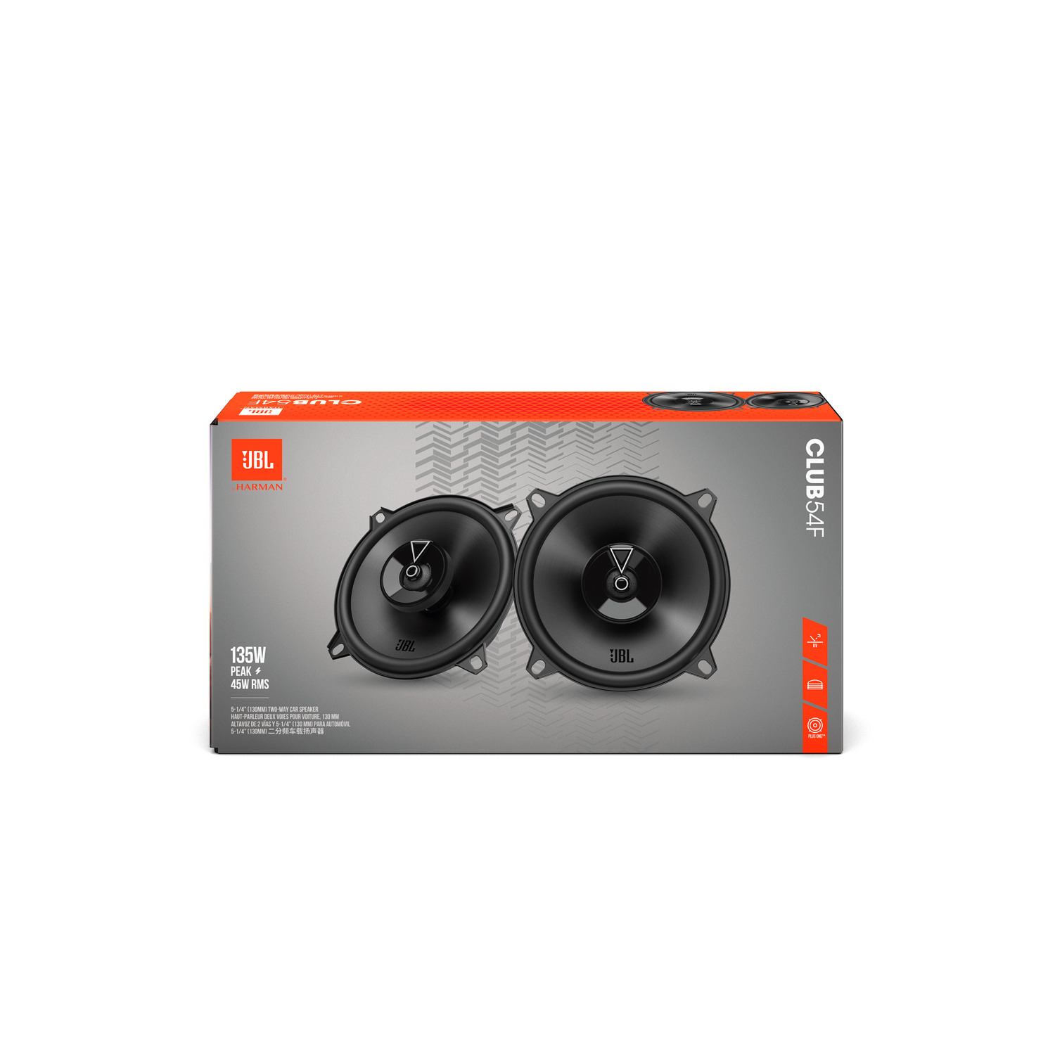 A JBL speaker set in its box, showing two speakers and branding.