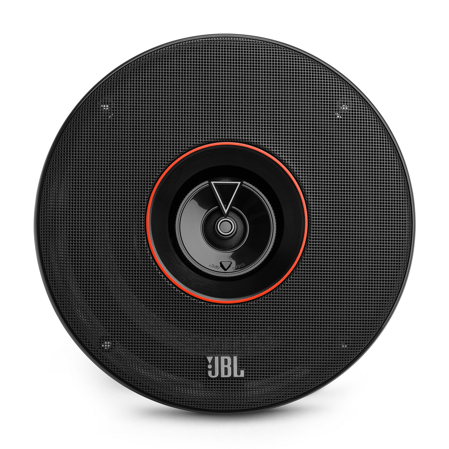 A black JBL speaker with a red ring and the JBL logo. The speaker is round.