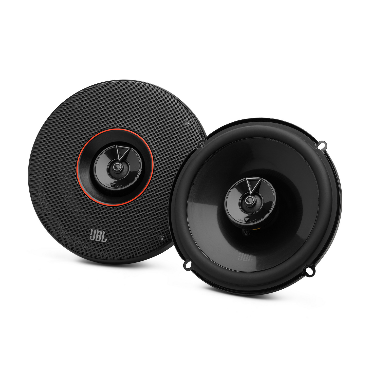 Two black JBL speakers, one with a mesh cover, on a white background.