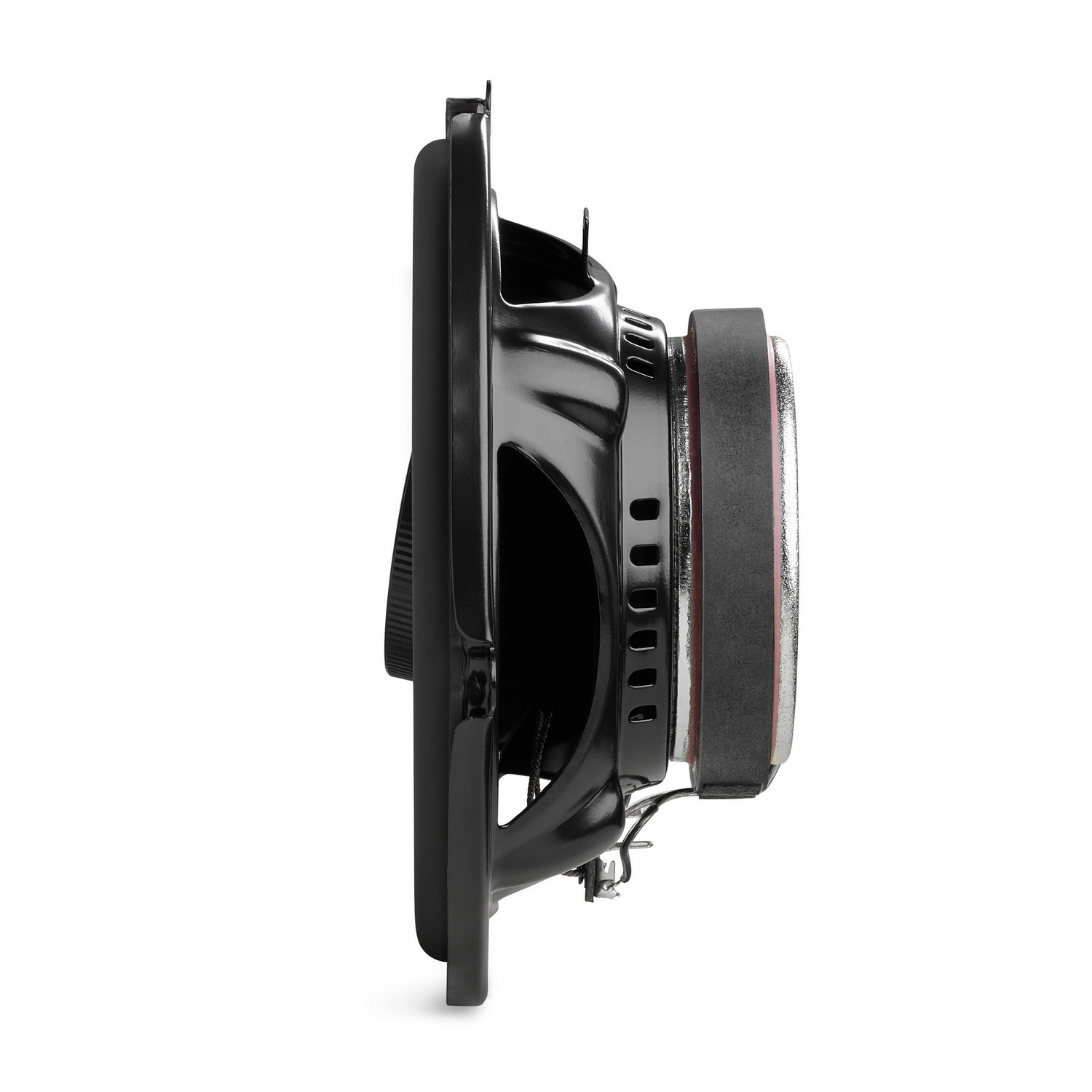 A side view of a black speaker with a square frame on white background.