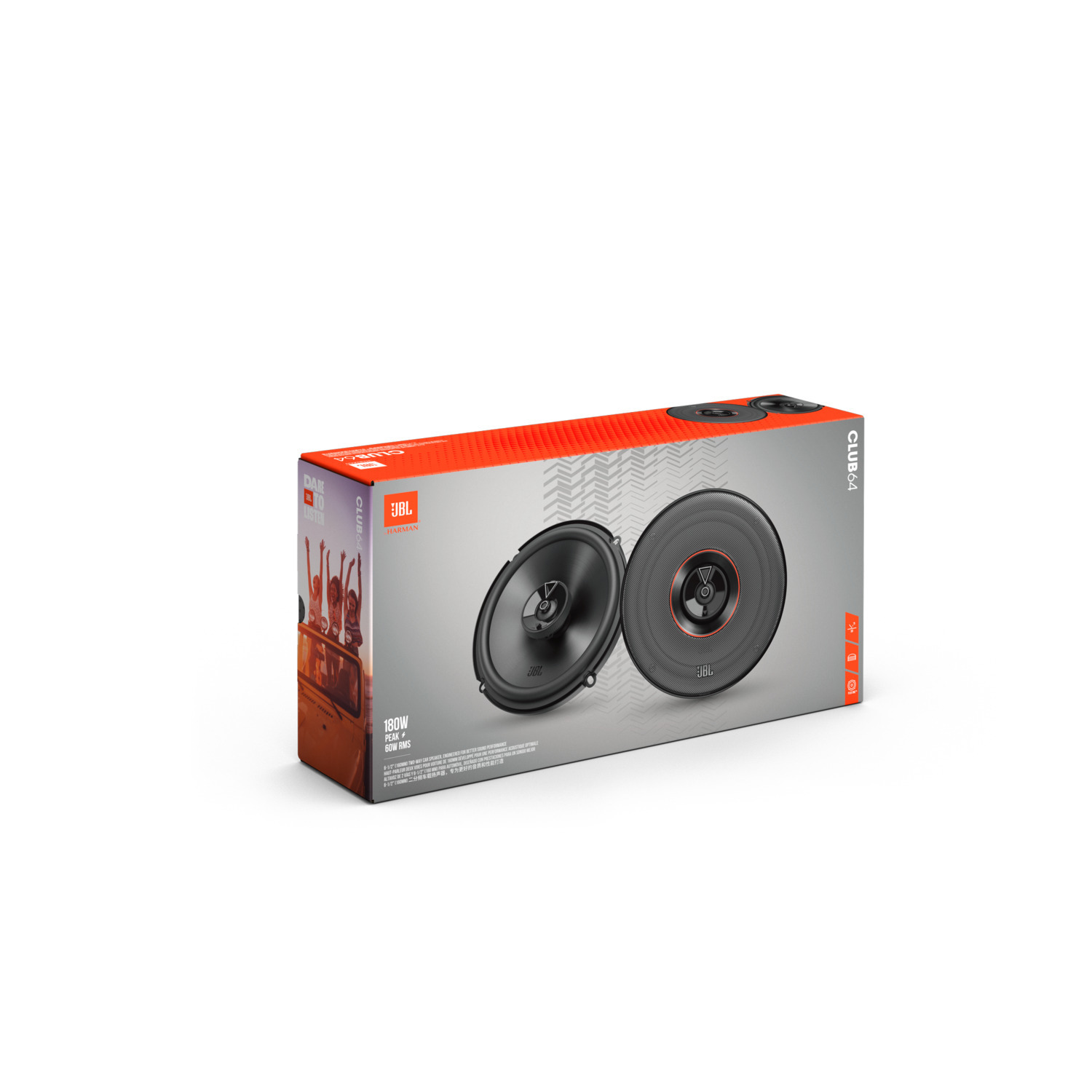JBL speakers box. The box is orange and black, with speakers visible inside.