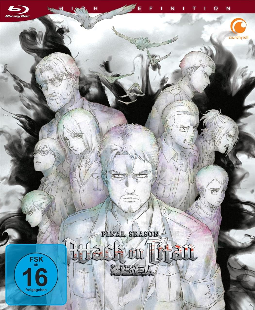 Attack on Titan Final Season Blu-ray Cover. Gruppe von Charakteren mit einer zentralen männlichen Figur.