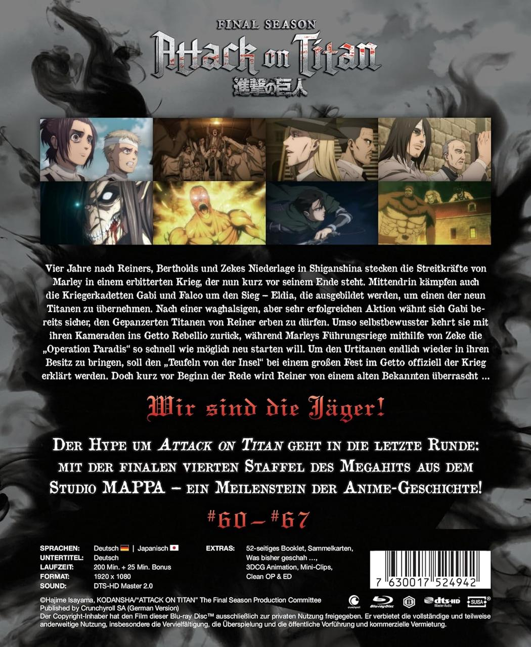 Rückseite einer Attack on Titan Final Season Blu-ray. Bilder von Charakteren und Text auf Japanisch und Deutsch.