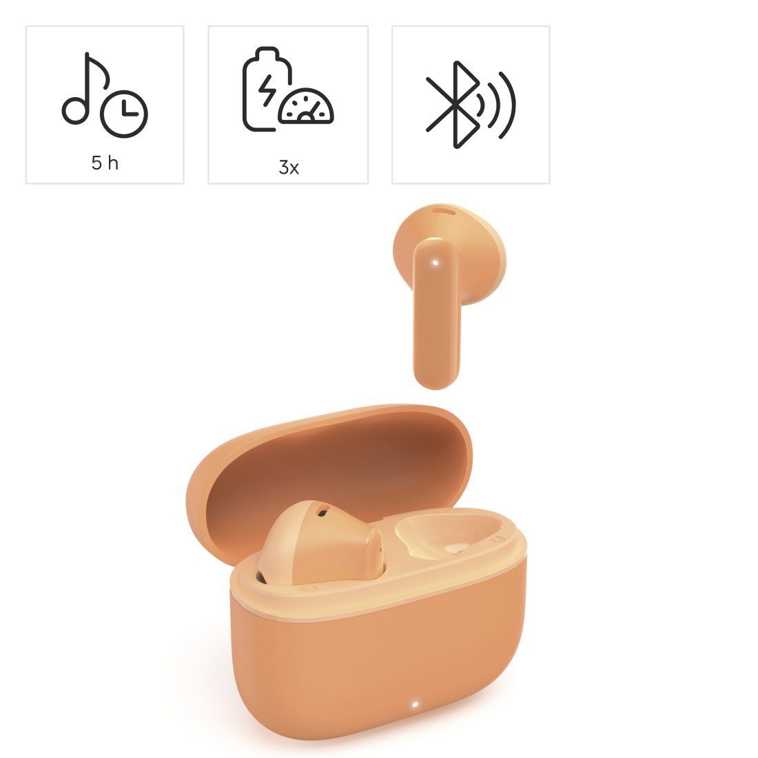 Orangefarbene Ohrhörer und Ladeetui mit Symbolen für Zeit, Akku und Bluetooth.