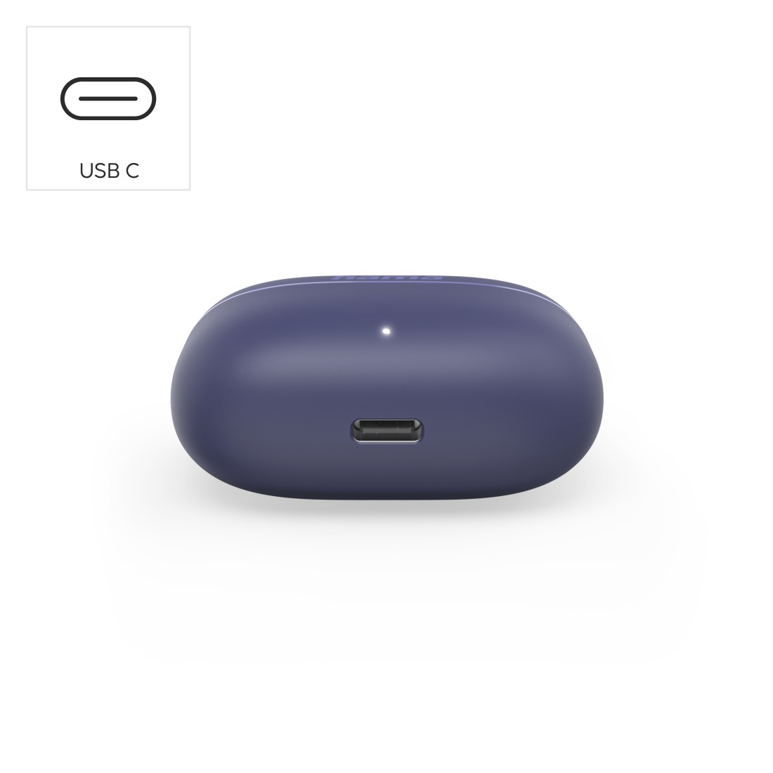 Dunkelblaues Ladecase für Ohrhörer, Unteransicht. USB-C-Anschluss sichtbar.