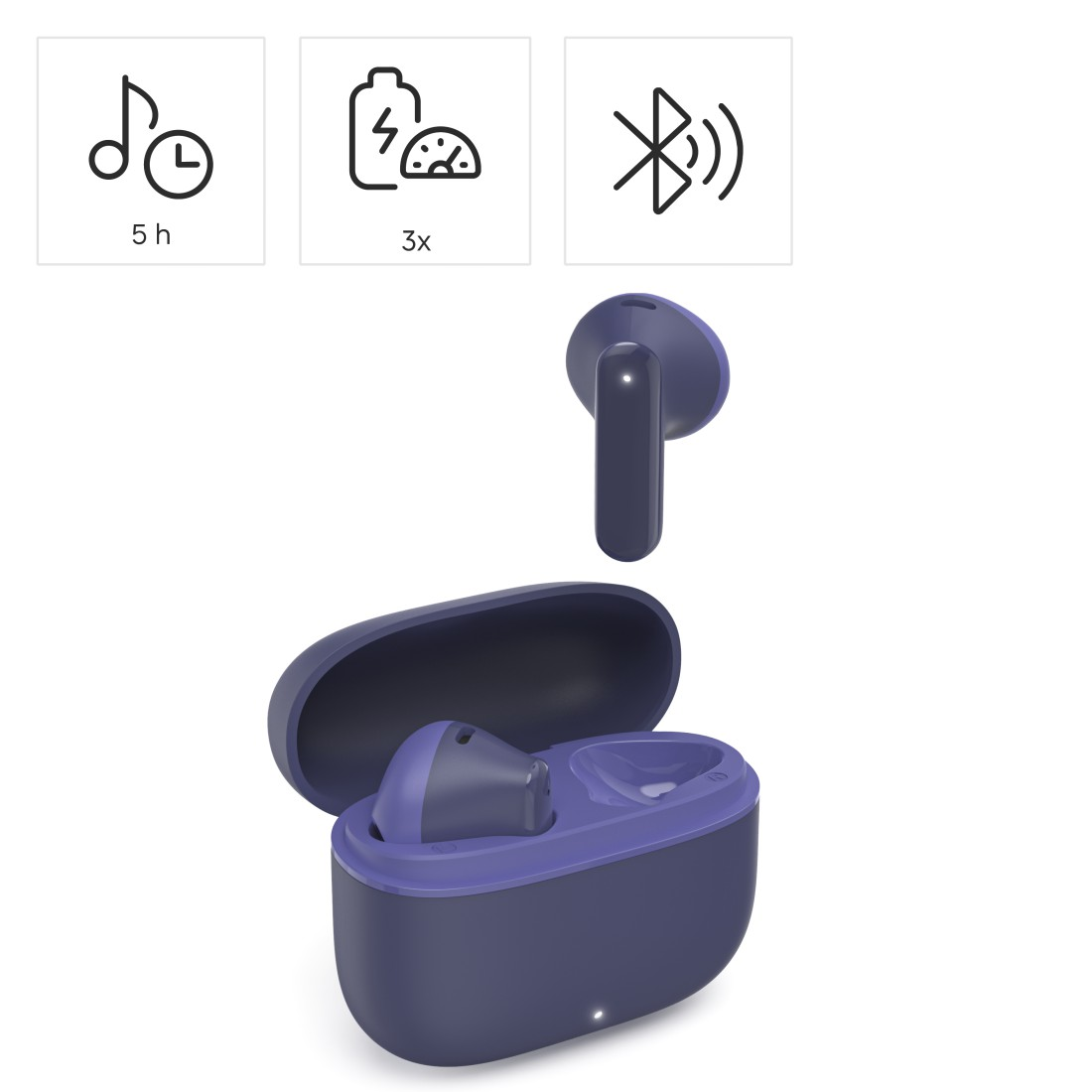 Kabellose Ohrhörer und Ladeetui, marineblau und lila. Symbole für 5h Spielzeit, 3x Aufladen und Bluetooth.