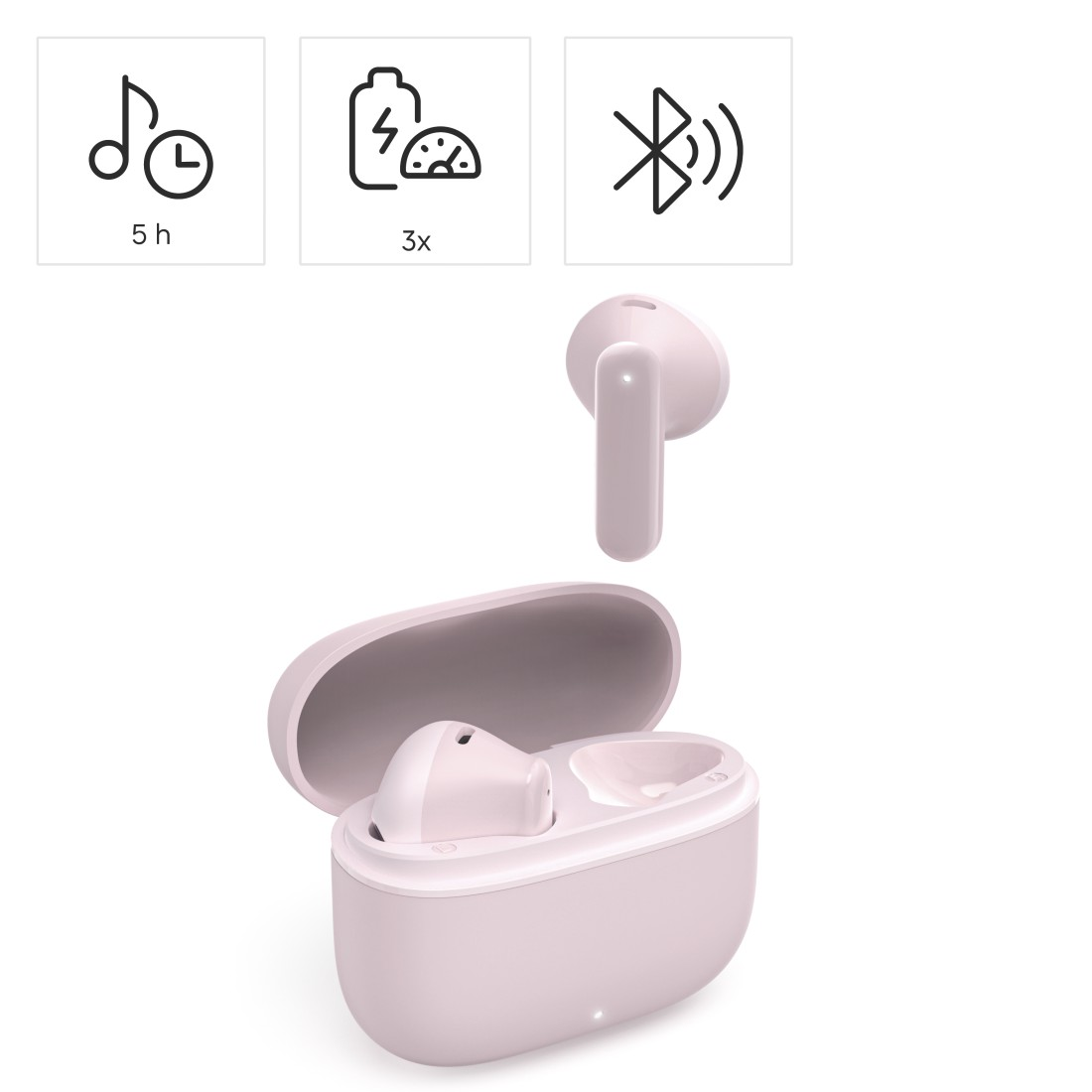 Rosa Ohrhörer und Hülle. Symbole für 5h Spielzeit, 3x Aufladen und Bluetooth. Weißer Hintergrund.