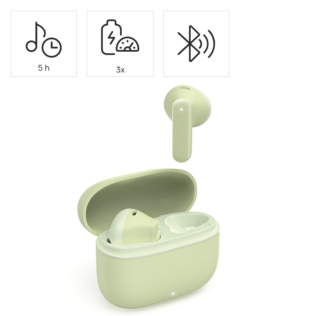 Ohrhörer in einem Ladecase mit Symbolen für Musiknote, Batterie und Bluetooth.