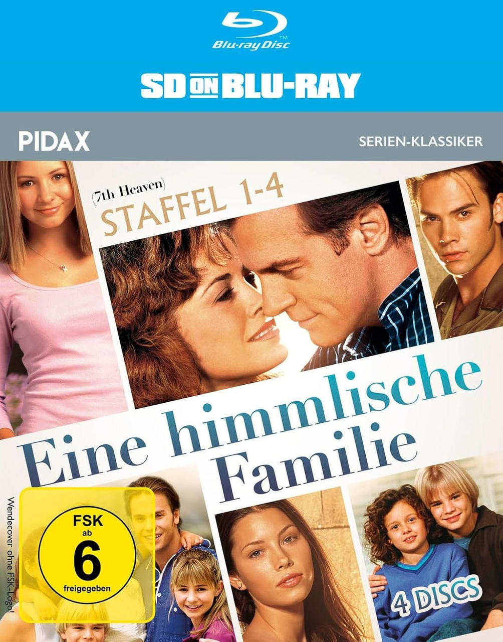 DVD-Cover: 'Eine himmlische Familie'. Personen auf dem Cover, Text auf Deutsch. Blu-ray-Logo oben rechts.