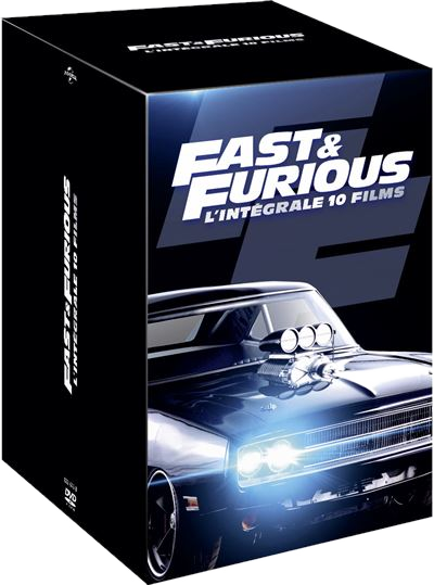 Fast & Furious 10-film box set. Black box with car image. Title: Fast & Furious.