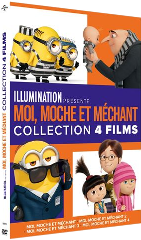 DVD-hoes voor 'Despicable Me' collectie, met Minions en Gru met kinderen. De titel is blauw.