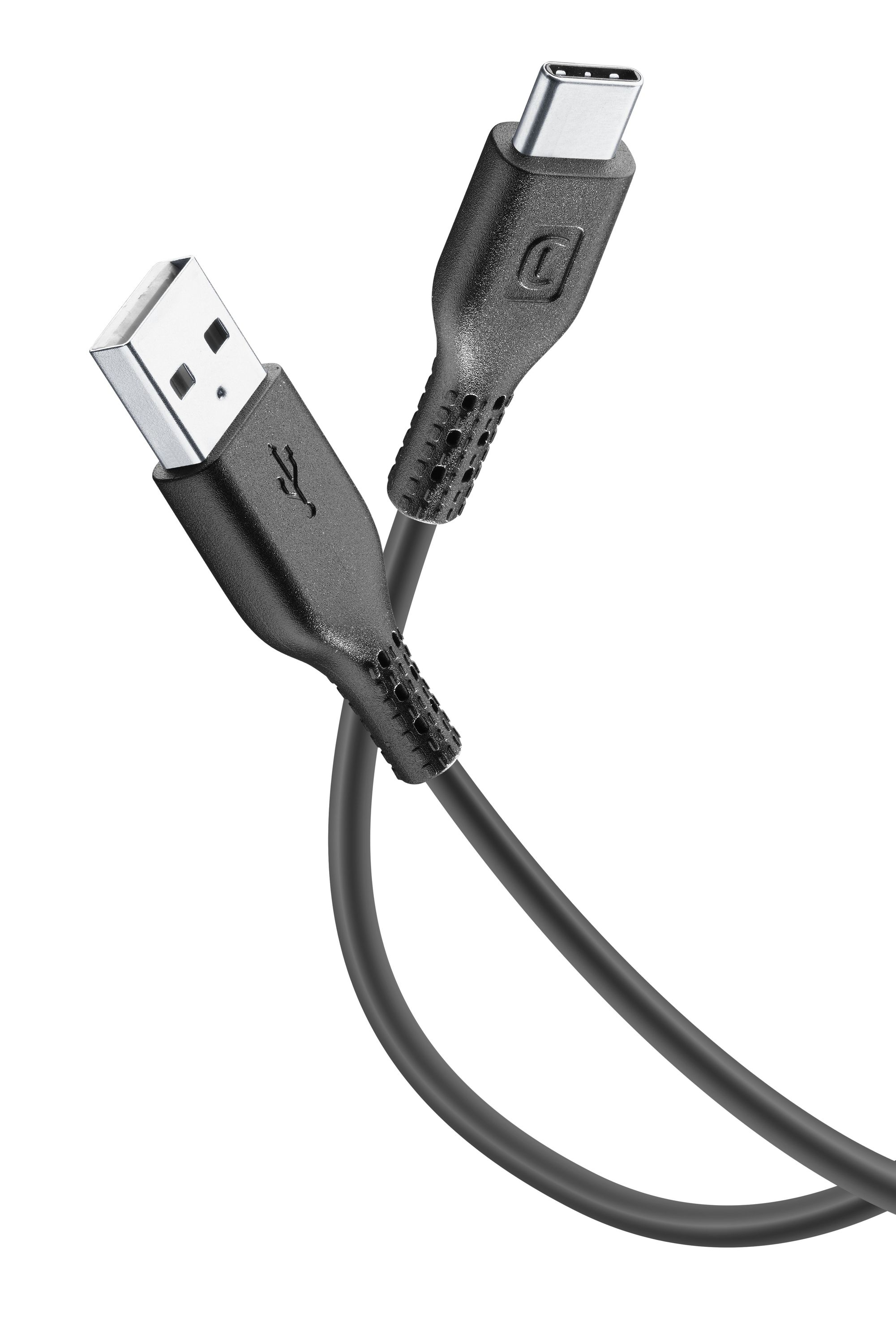 Beyaz bir arka planın önünde açılı siyah USB - USB-C kablosu.