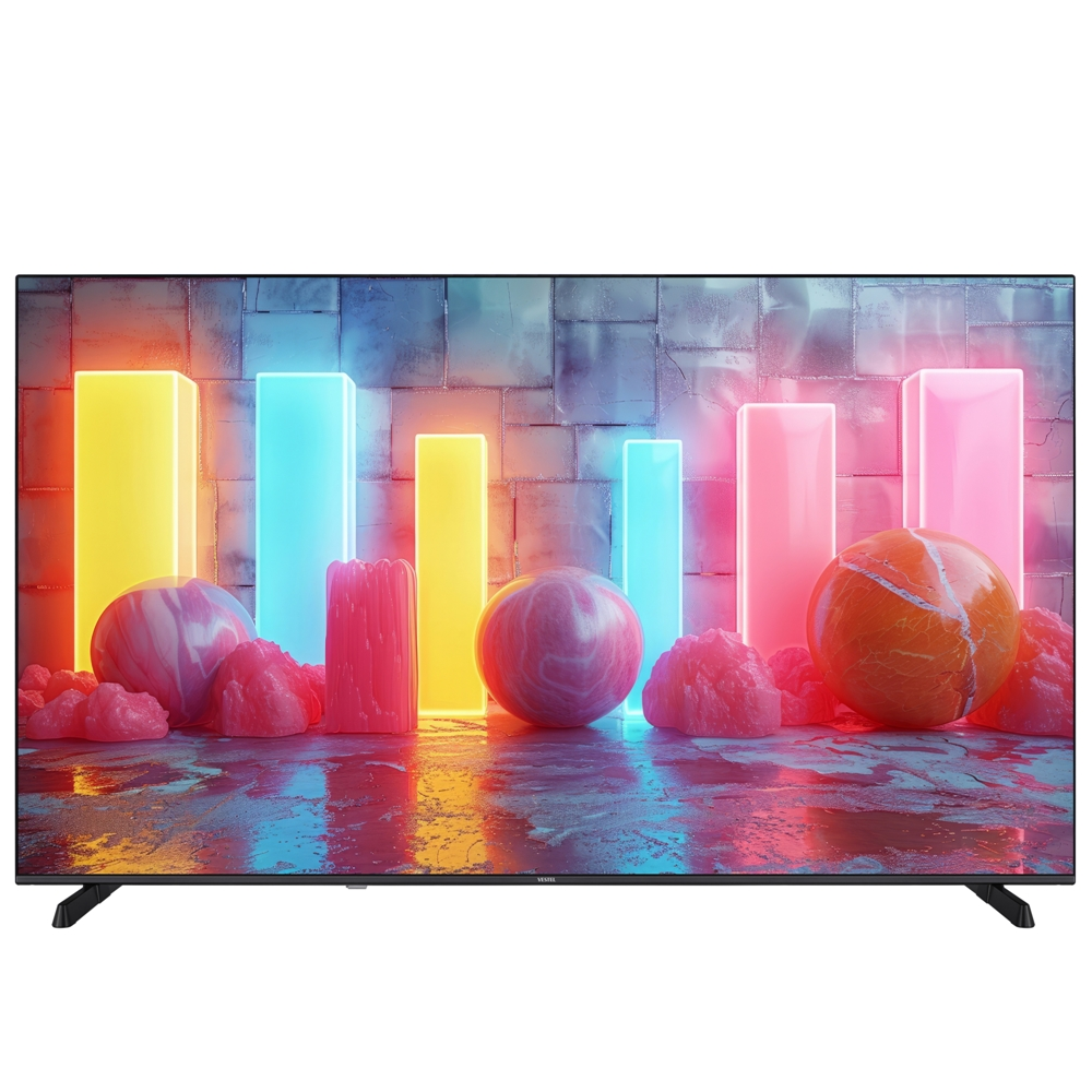 Tuğla duvarın önünde renkli şekiller bulunan modern bir TV.
