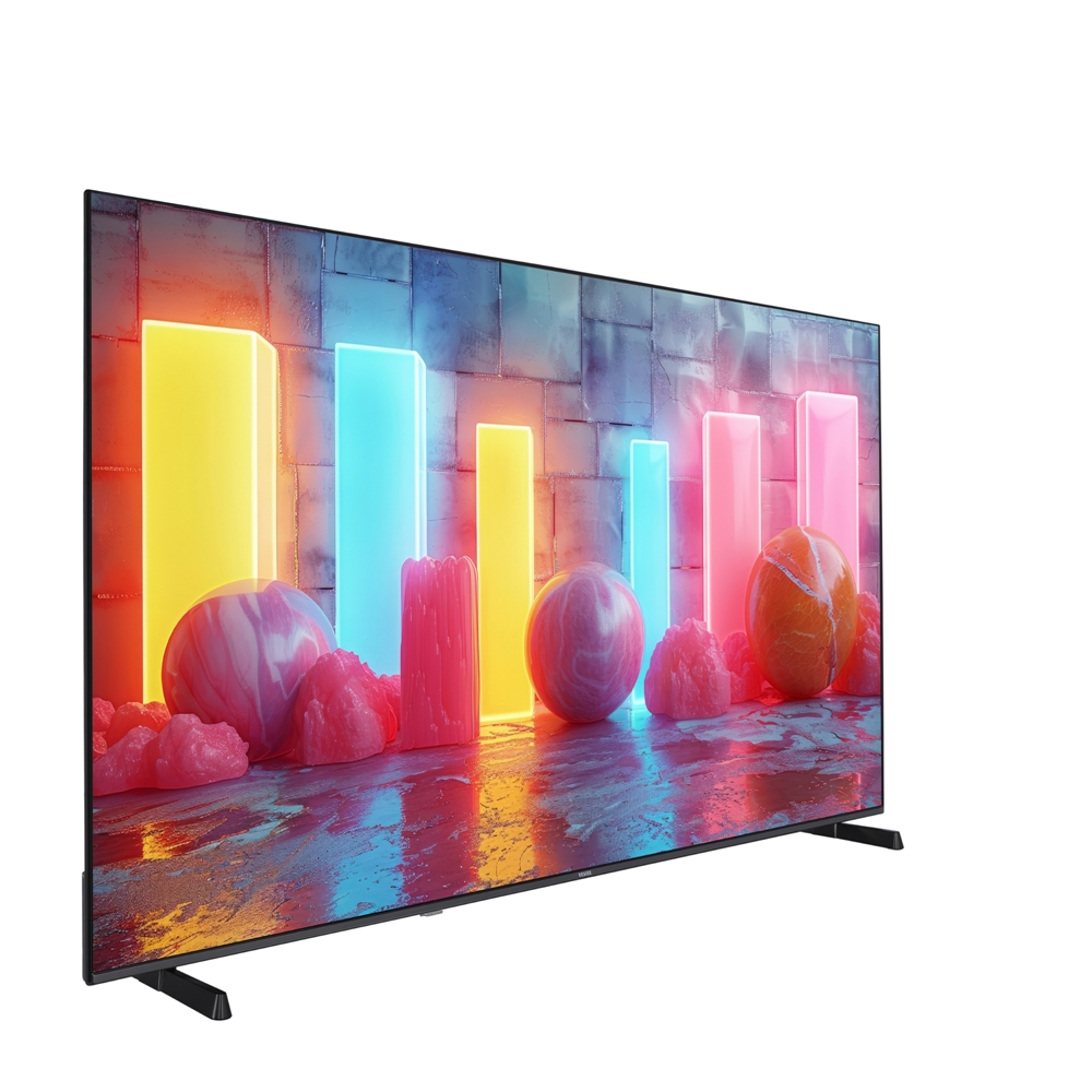 Büyük bir düz ekran TV, renkli, soyut sanat sergiliyor.