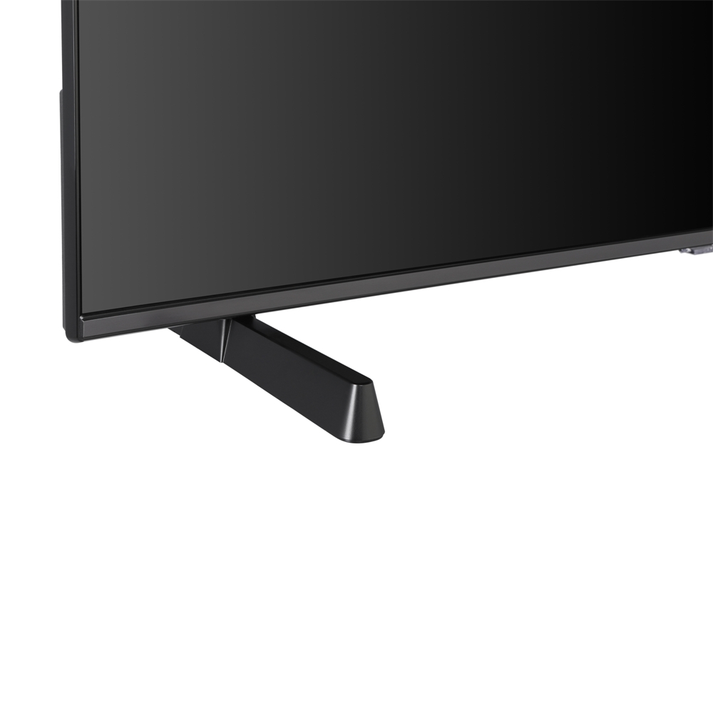 İki ayaklı siyah TV tabanı ve siyah bir TV ekranı.