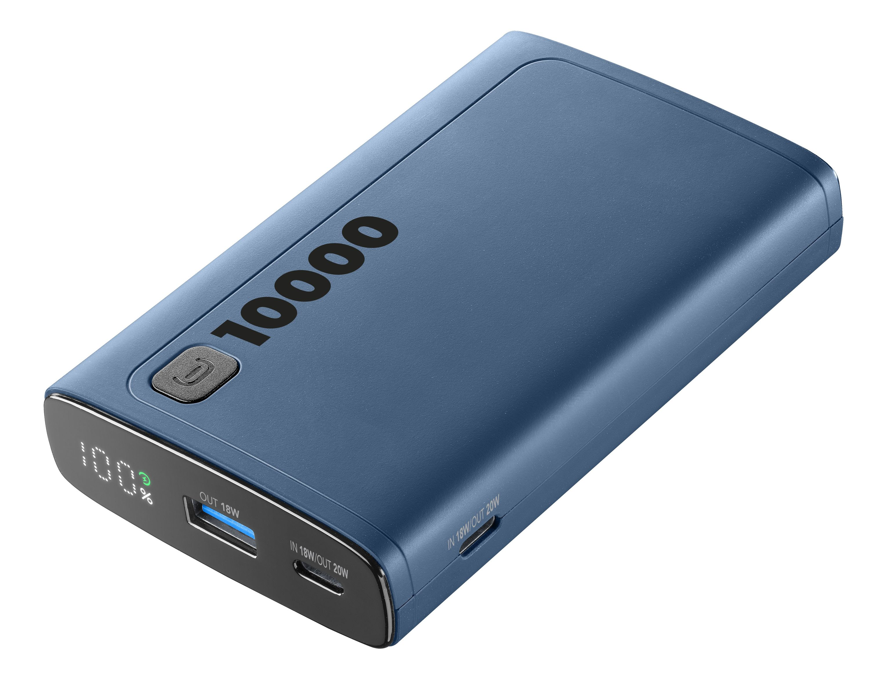100% gösteren bir ekranı ve iki USB portu olan mavi bir taşınabilir güç bankası.