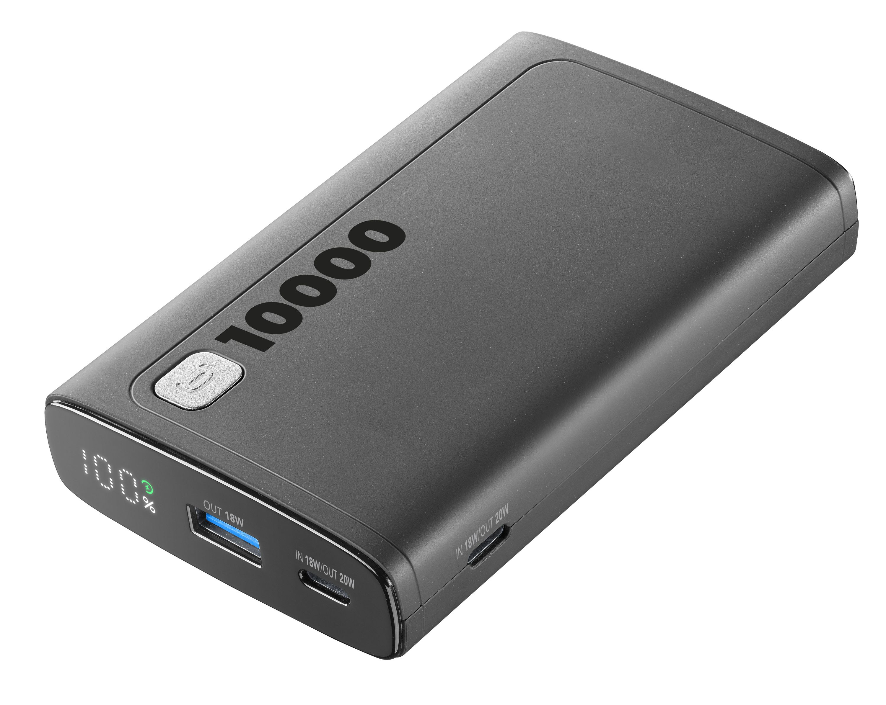 Üzerinde 10000 yazan siyah powerbank, bir düğme ve dijital ekran.