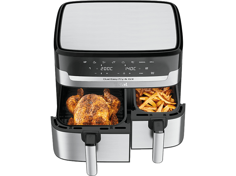 Tefal EY905D Dual Easy Fry & Grill Doppelkammer-Heißluftfritteuse mit 2 Garzonen 8,3 l, 2700 Watt, Schwarz
