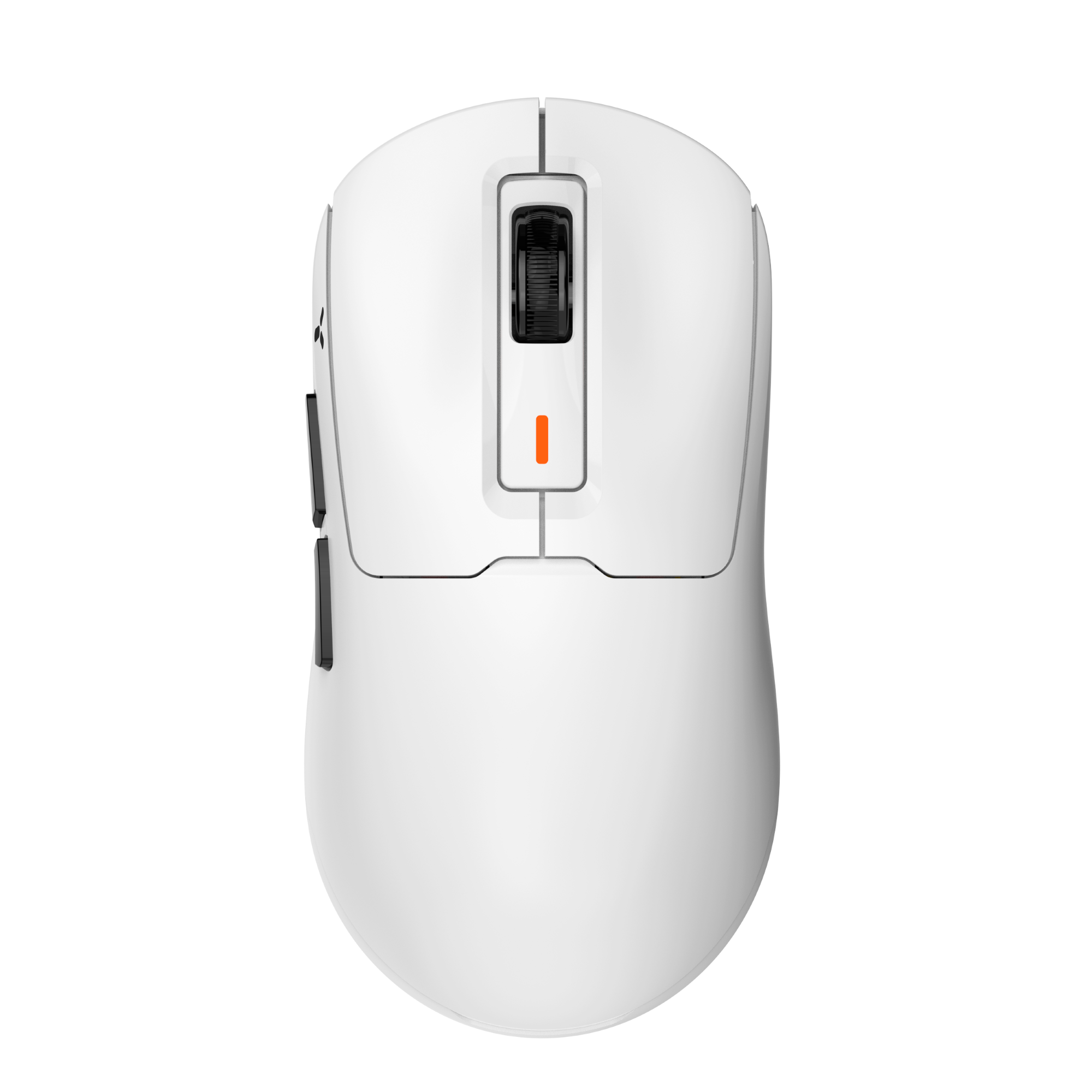 Biała mysz komputerowa z czarnym kółkiem przewijania i przyciskami. Pomarańczowy wskaźnik.