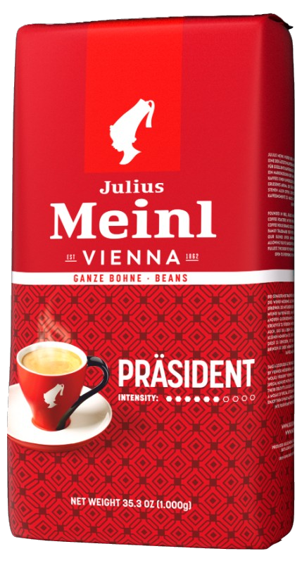 Roter Kaffeebeutel mit Julius Meinl-Marke, Kaffeetasse und Text.