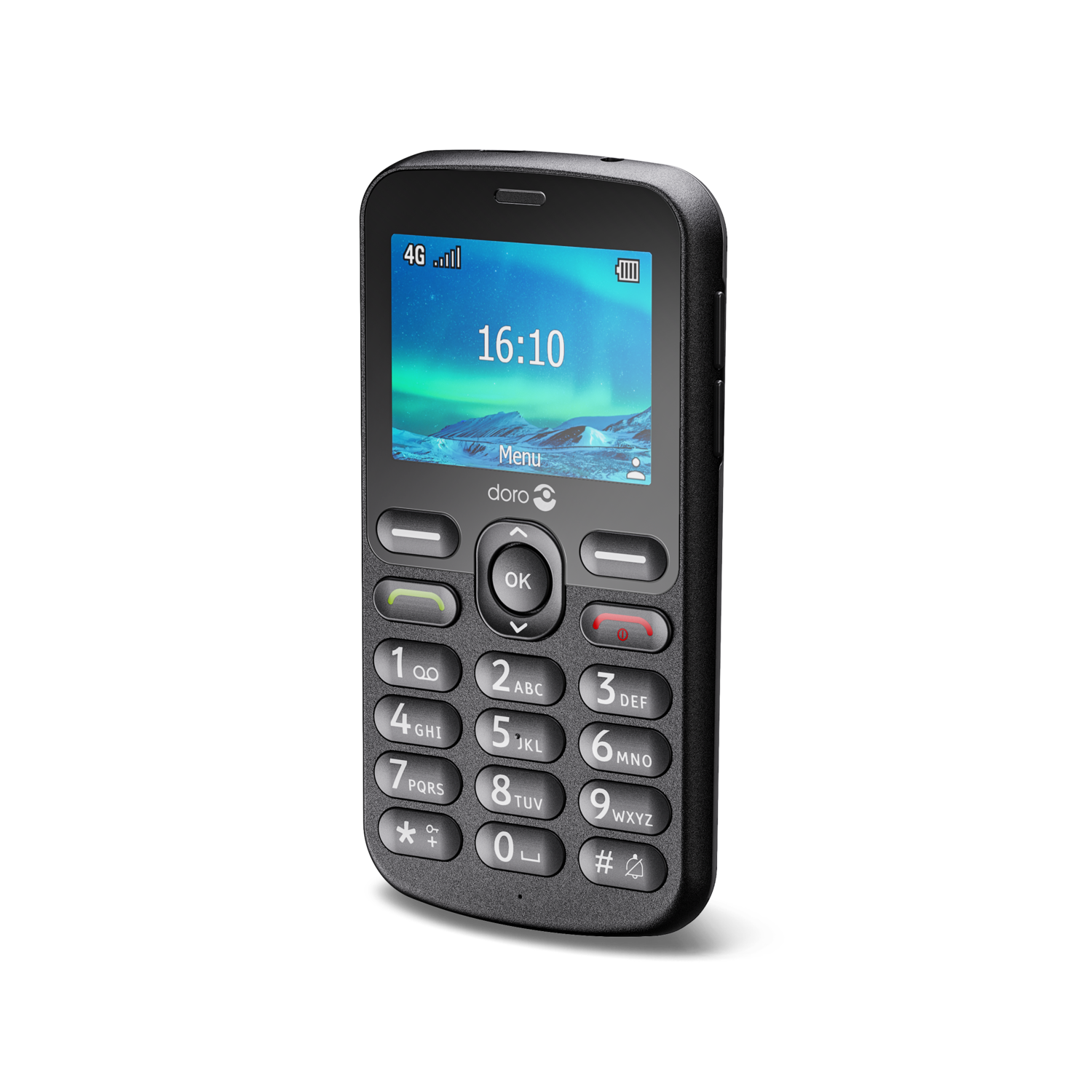 Black mobile phone with a screen displaying the time 16:10 and a landscape image.