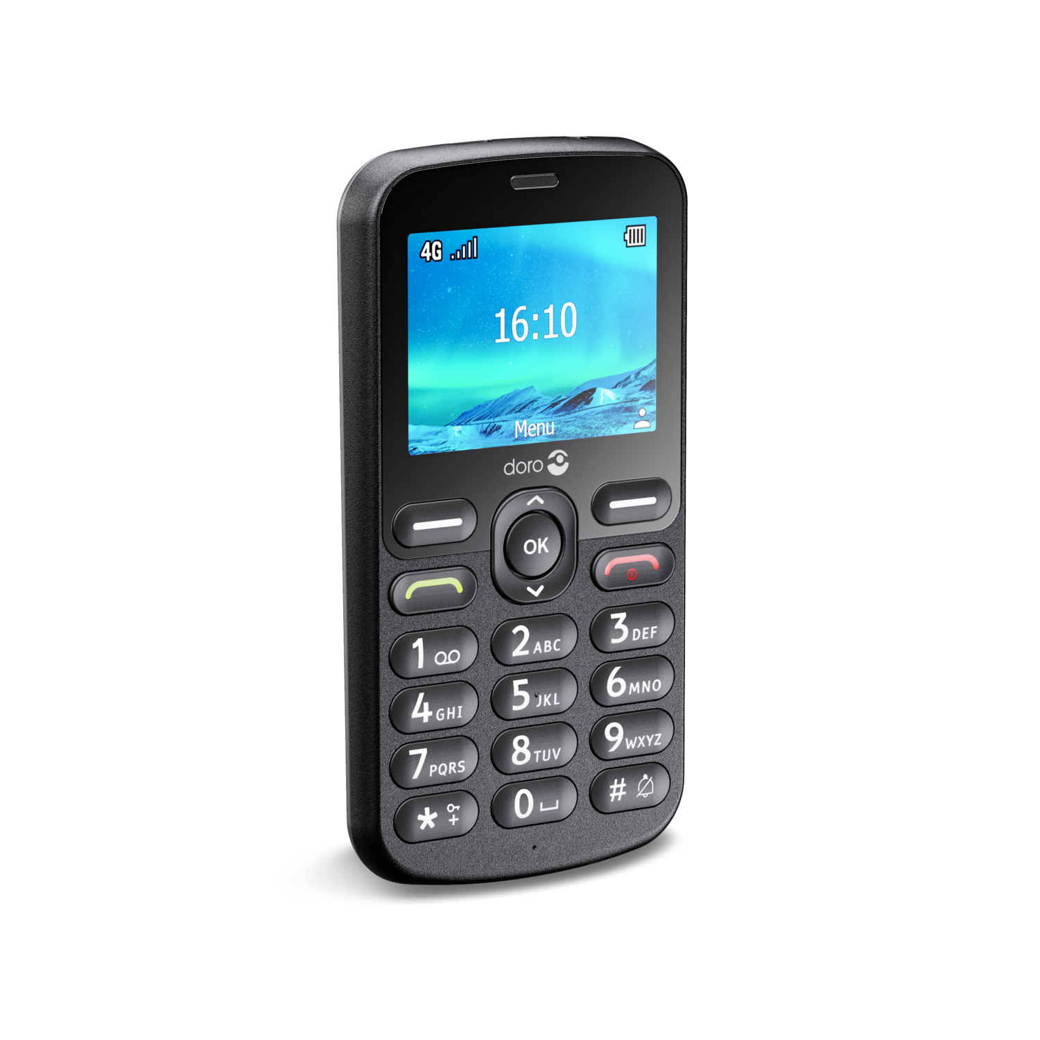 A black basic mobile phone displaying the time and a blue sky background.