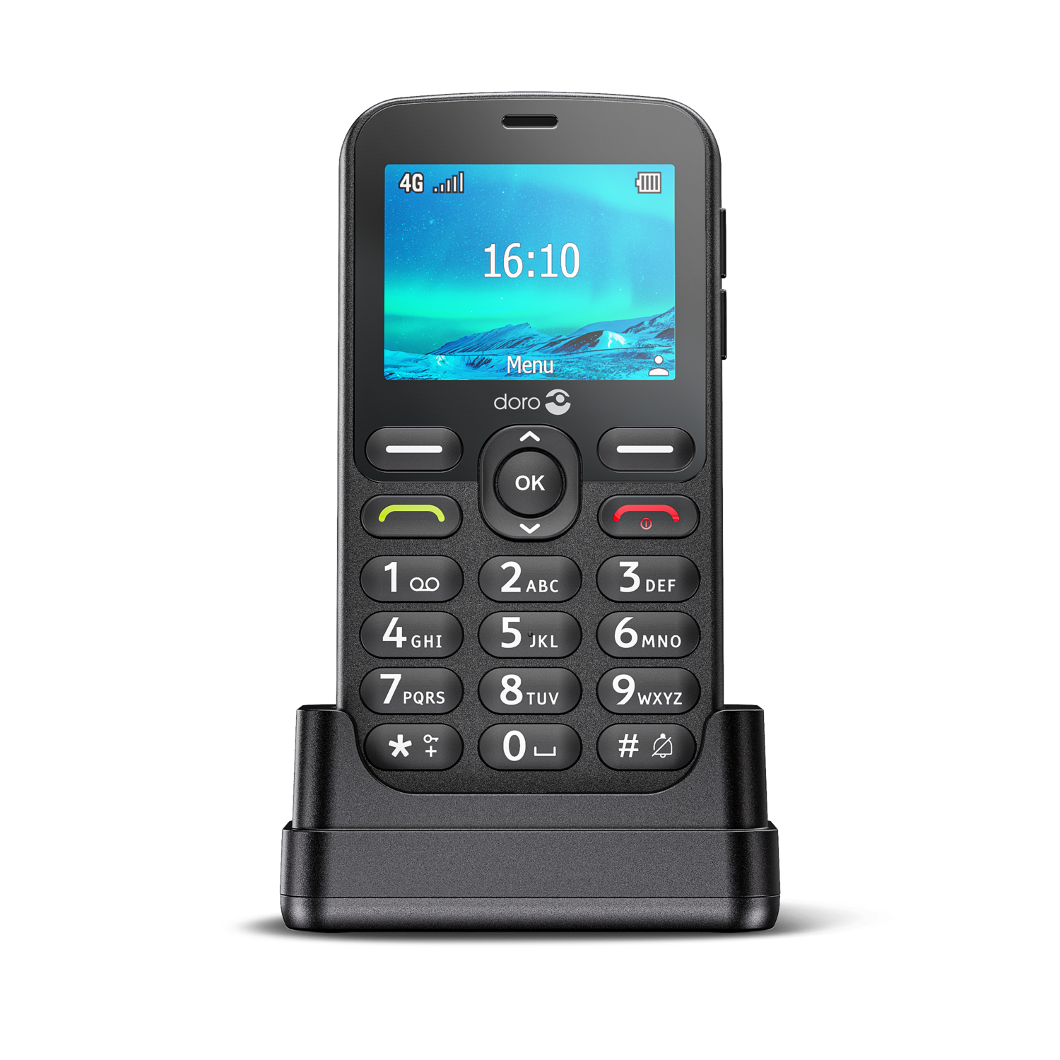 Black Doro phone on a charging stand, with a screen displaying time and signal bars. Buttons are visible.