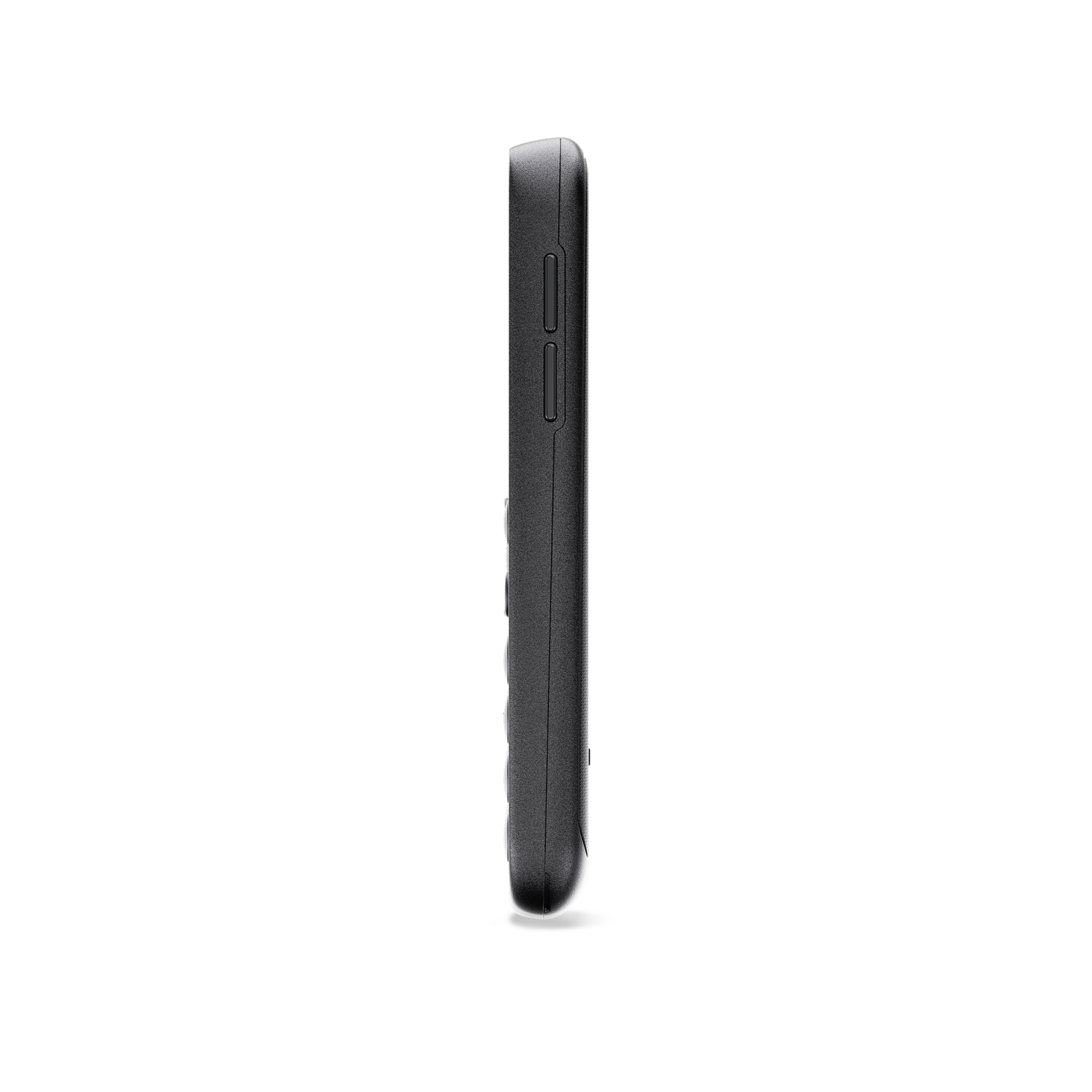 A side view of a black phone. The phone has two buttons on its side, with a curved design.