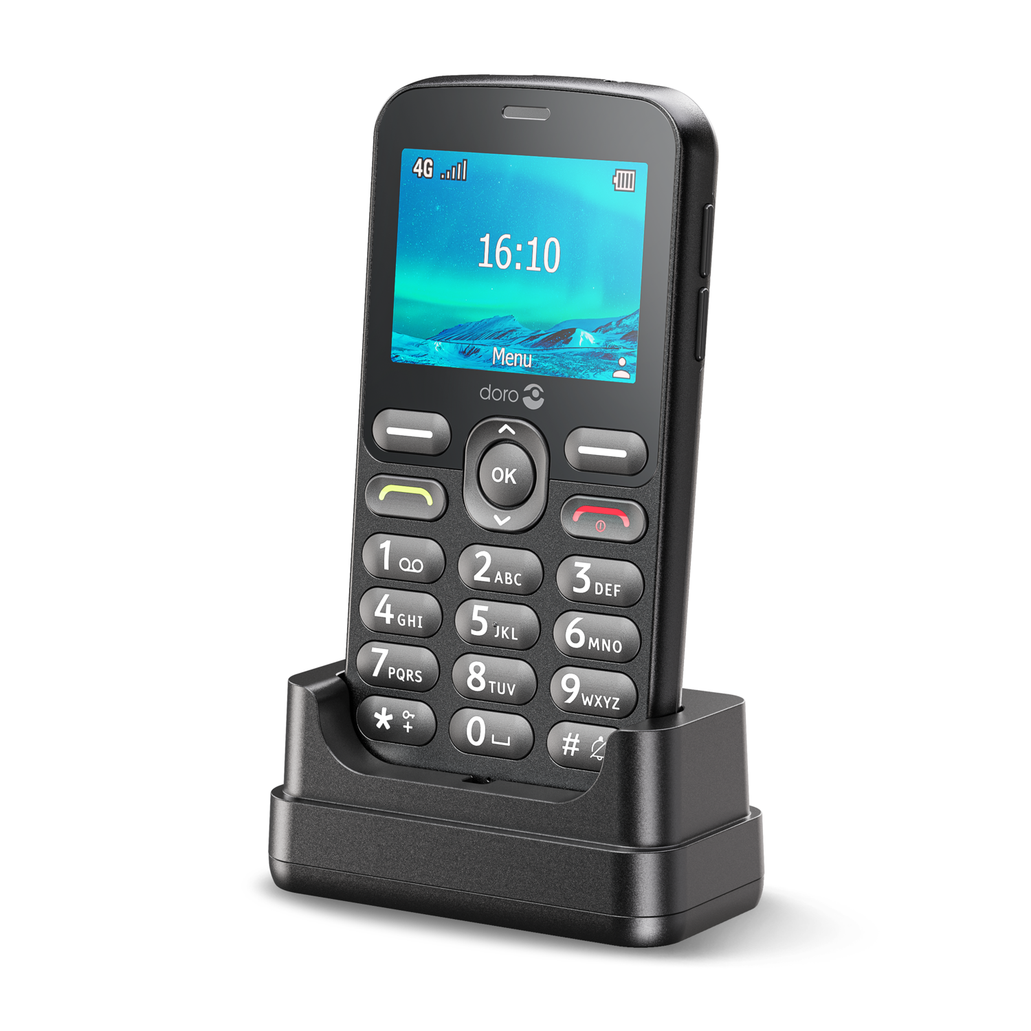 Black mobile phone on a charging stand. The screen displays the time and a menu option.