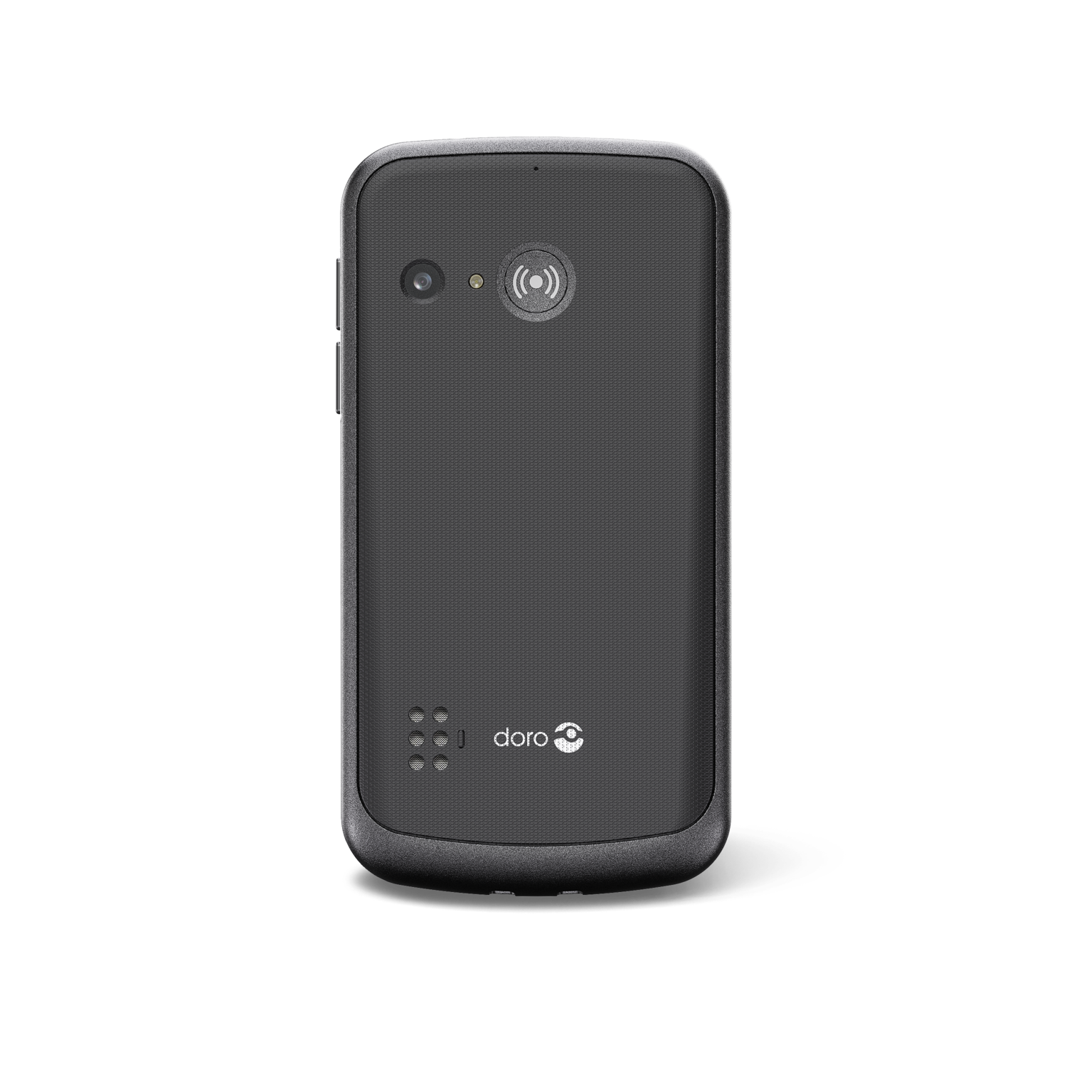 Back view of a black mobile phone. It has a camera and a speaker area.