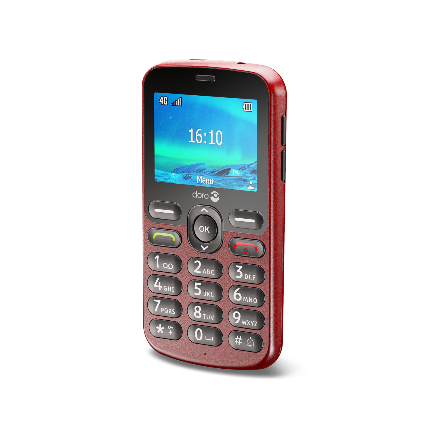 Rode mobiele telefoon met een scherm dat de tijd 16:10 en een landschapsafbeelding weergeeft.