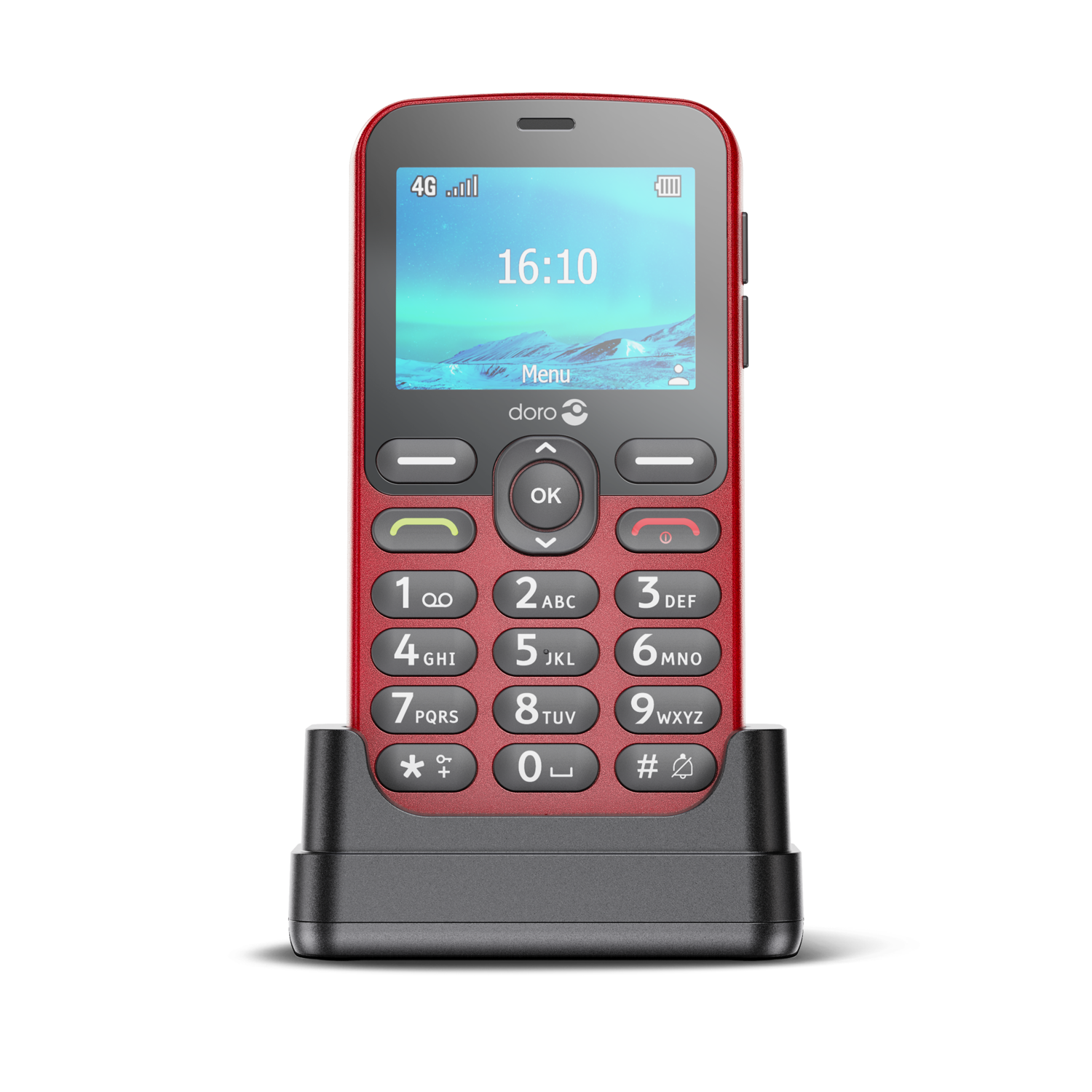 Rode en zwarte mobiele telefoon met een scherm waarop de tijd wordt weergegeven. Zwart oplaadstation.
