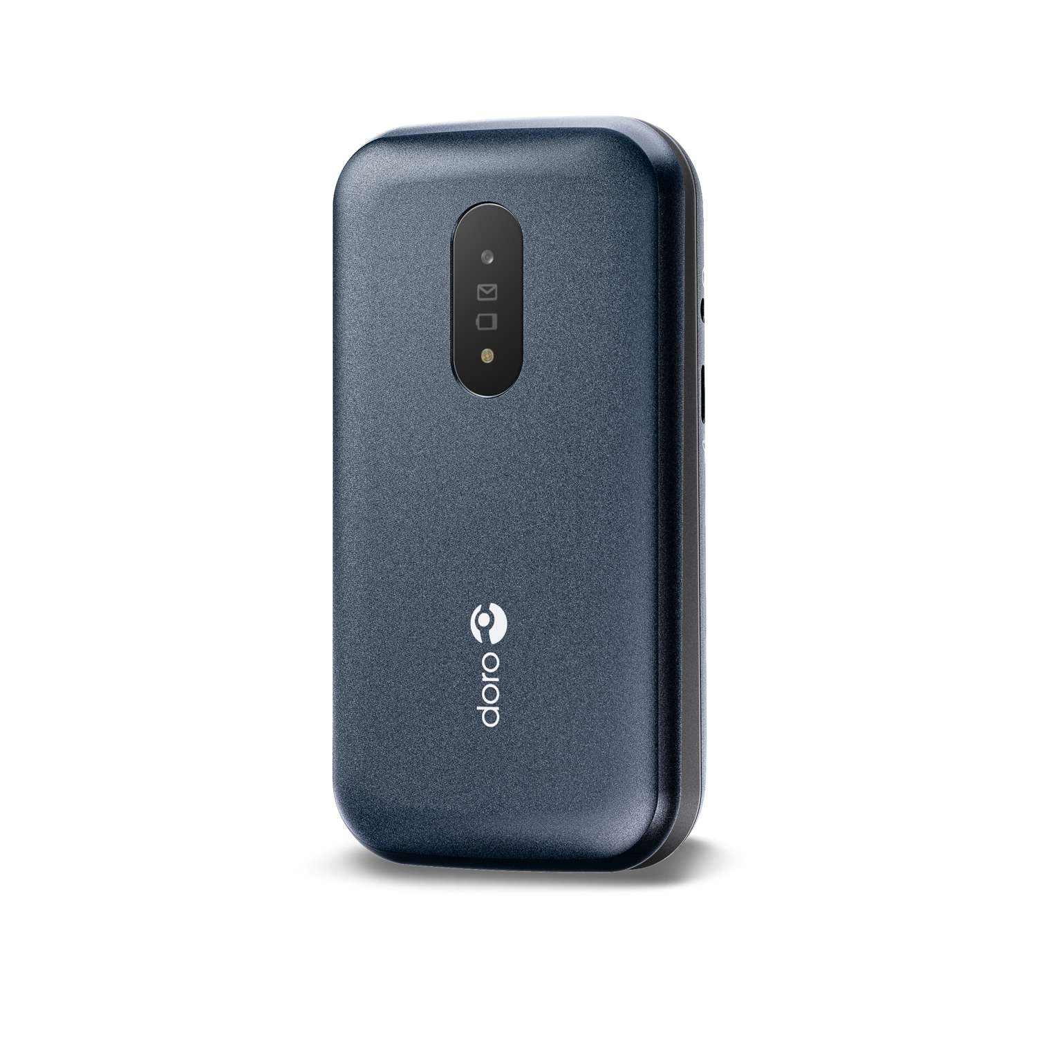 A dark blue Doro mobile phone. It has a screen and three status icons. The background is black.