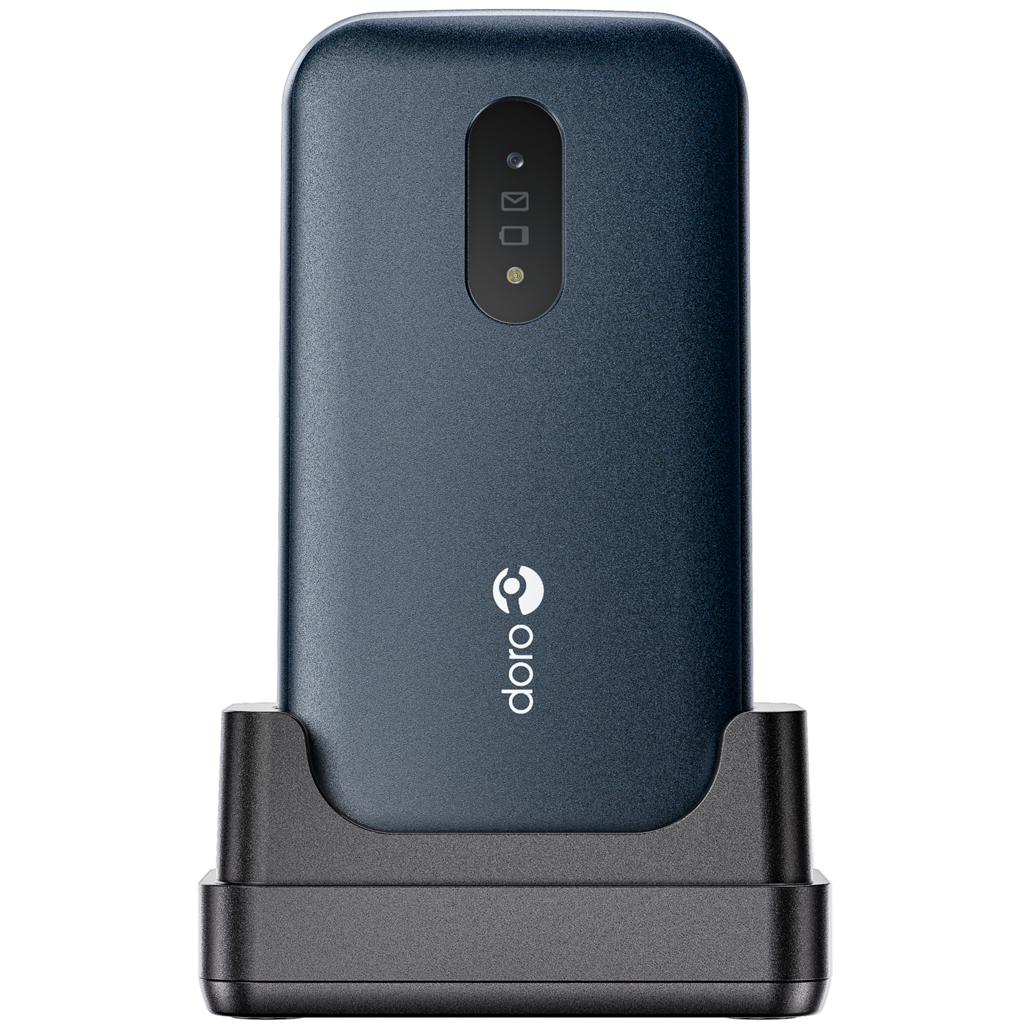 A dark blue Doro phone in a charging dock. The phone has a camera, message and settings icons. The dock is gray.