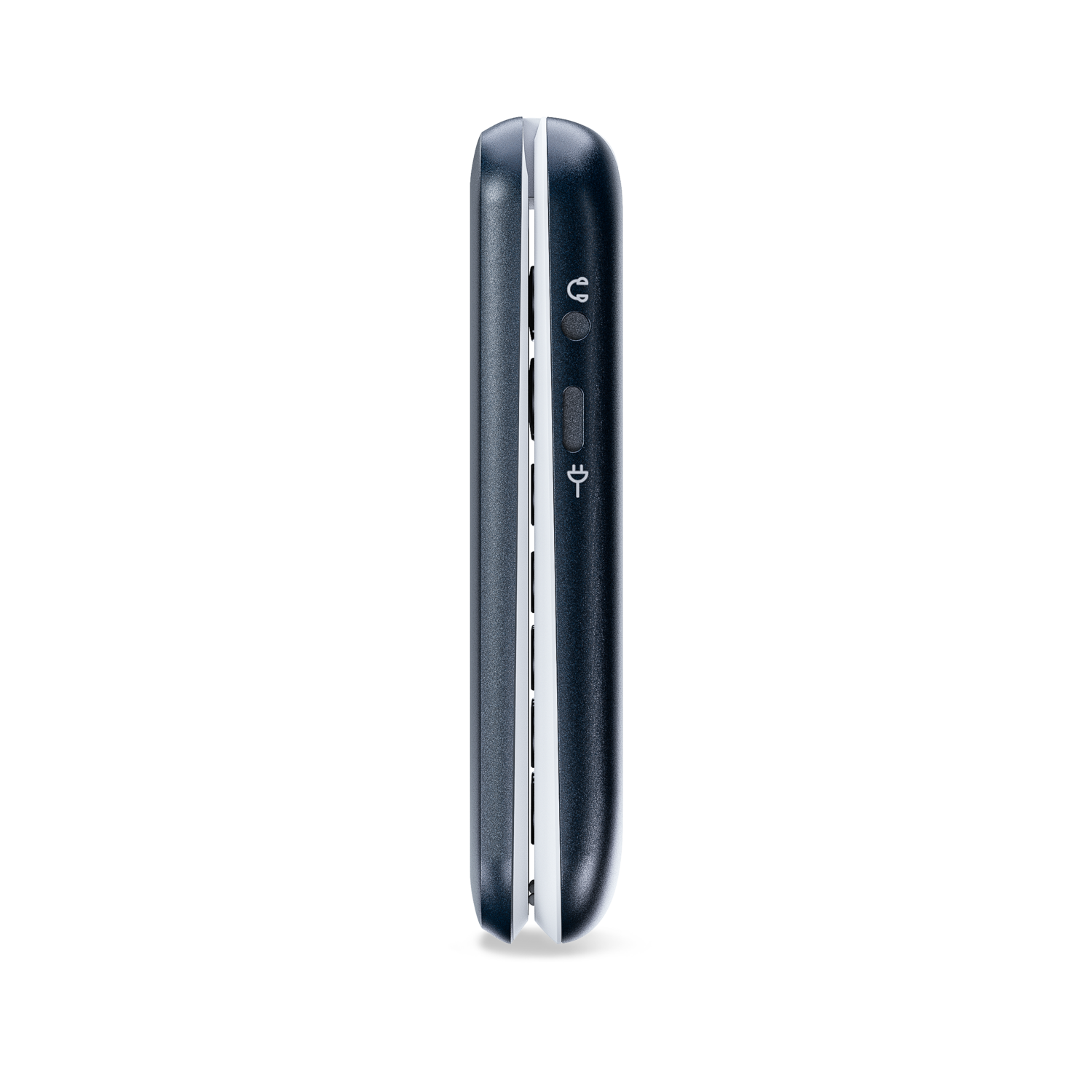 Side view of a dark blue flip phone. Buttons for headphones and charging are visible. White line separates the screen.