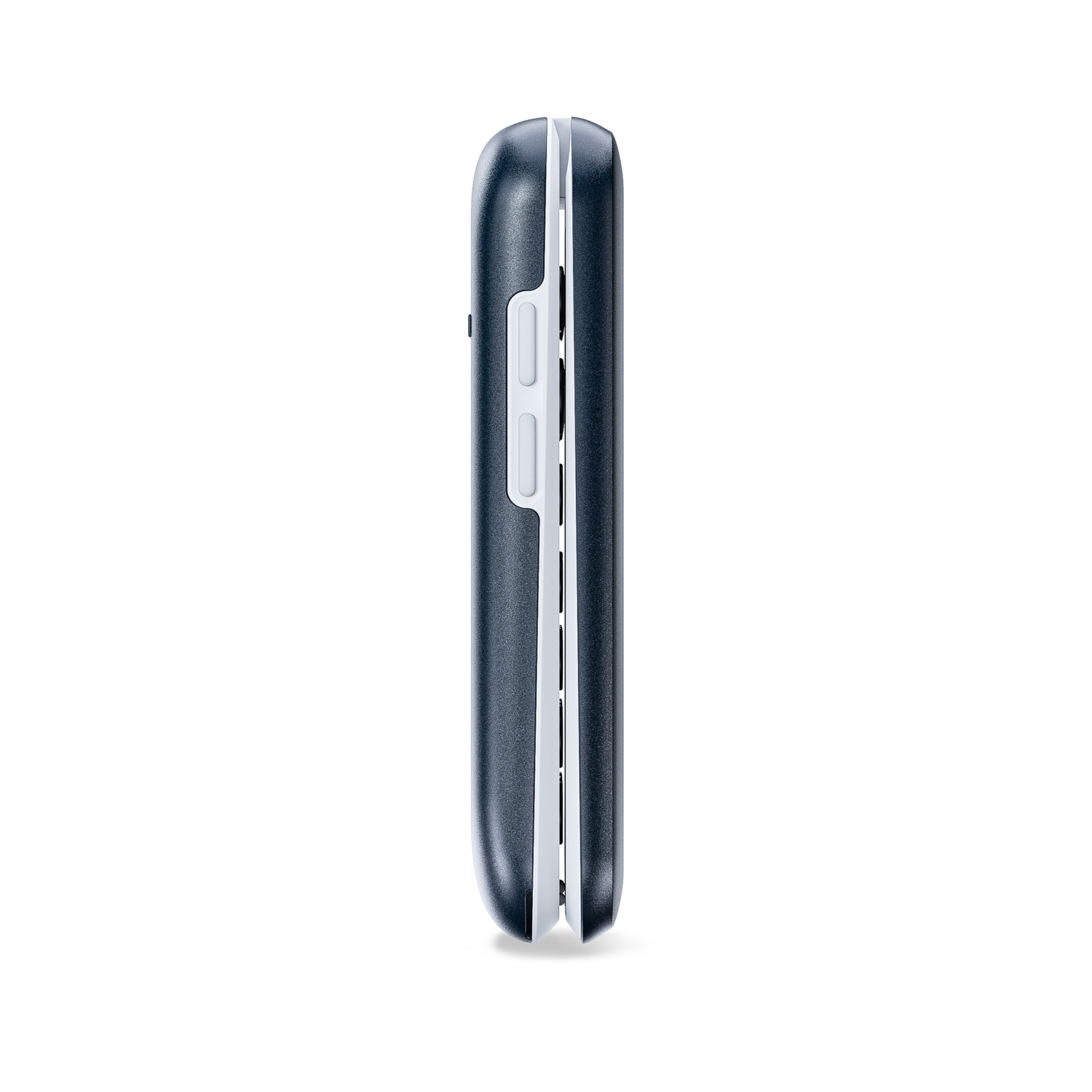 Side view of a closed, dark blue flip phone. White buttons and accents are visible on the side. Black background.