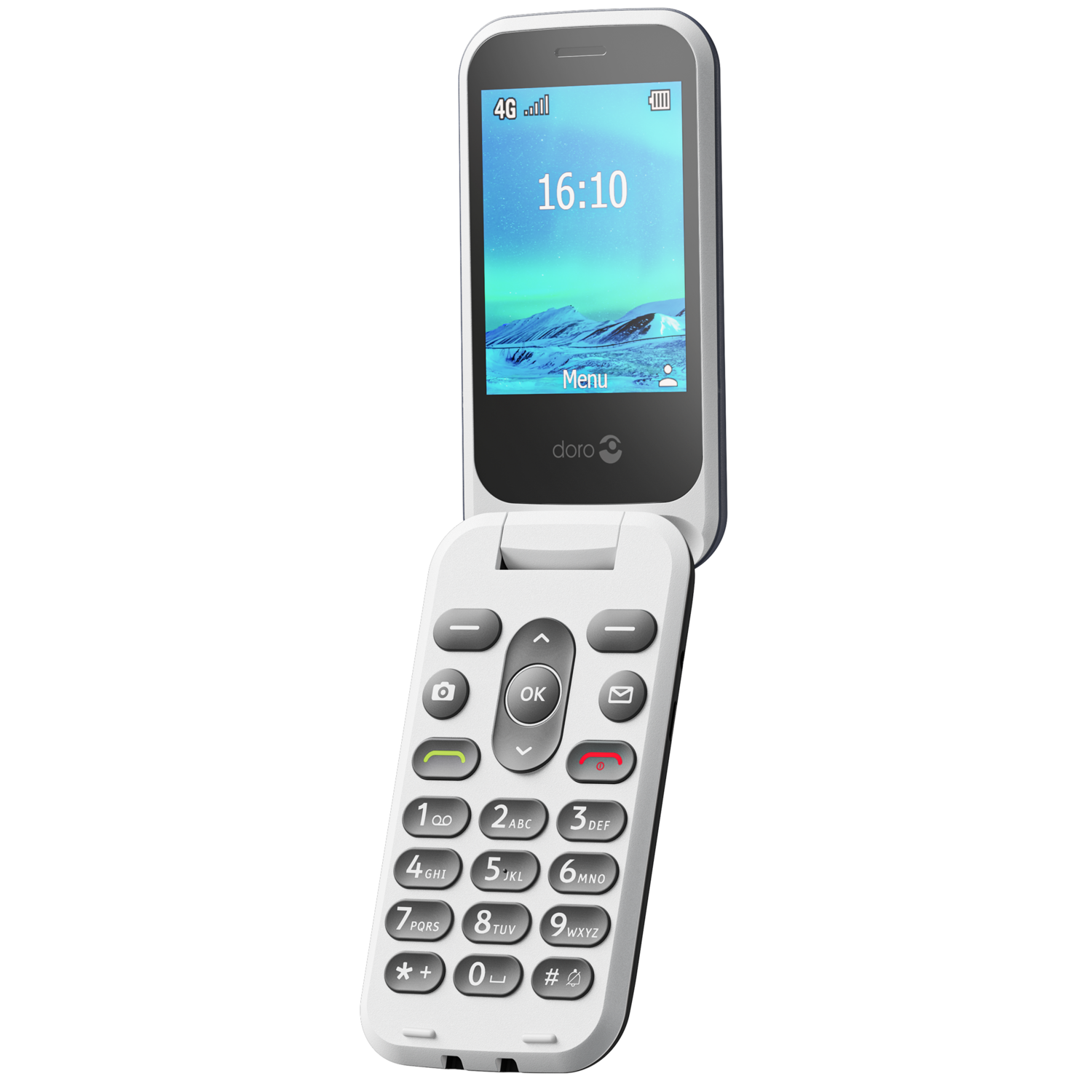 A white flip phone with an open top. The screen shows the time. The keypad is visible and has large buttons with numbers and letters.