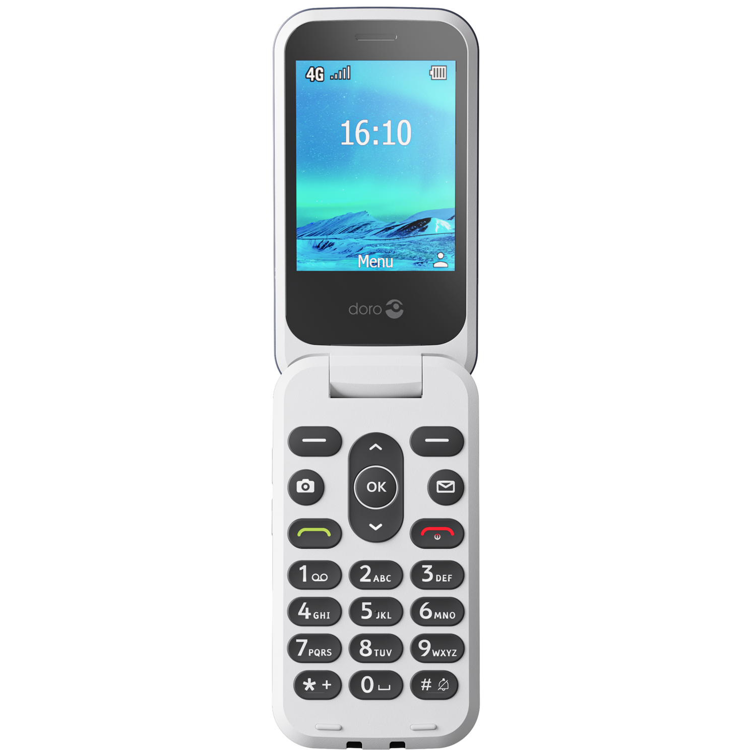 A white flip phone with a screen displaying 16:10 and a mountain scene. The phone has a keypad with numbers and buttons.