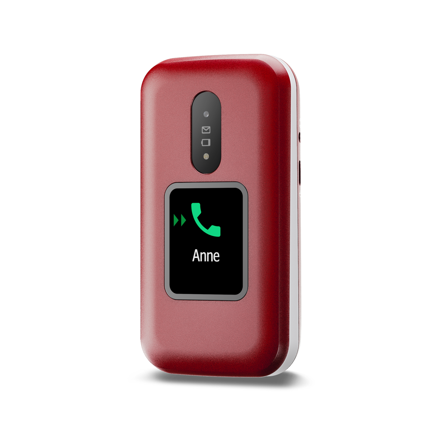 Een rode klaptelefoon met een scherm waarop een oproep van Anne wordt weergegeven.
