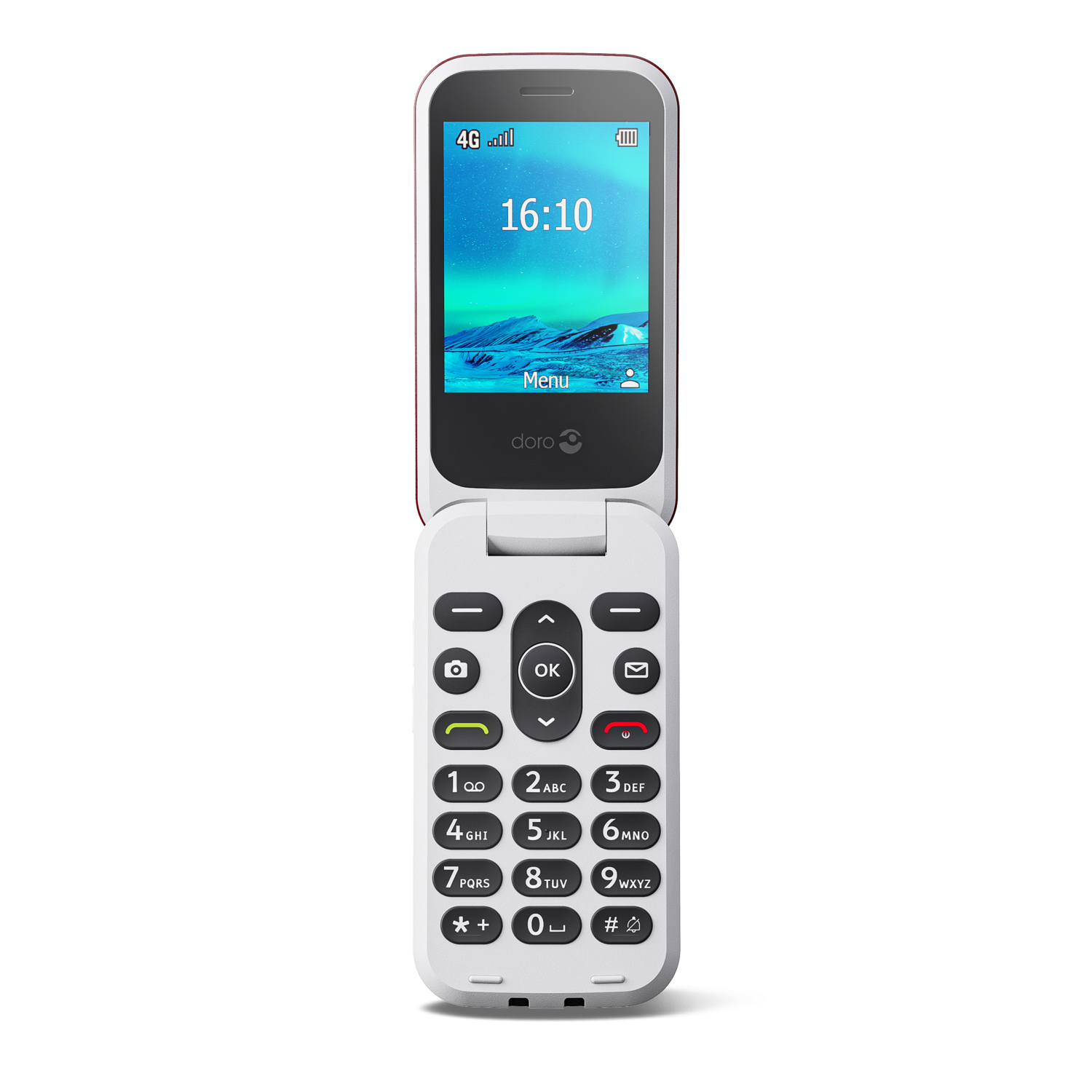 Witte klaptelefoon, open, met tijd en een achtergrond met lucht.