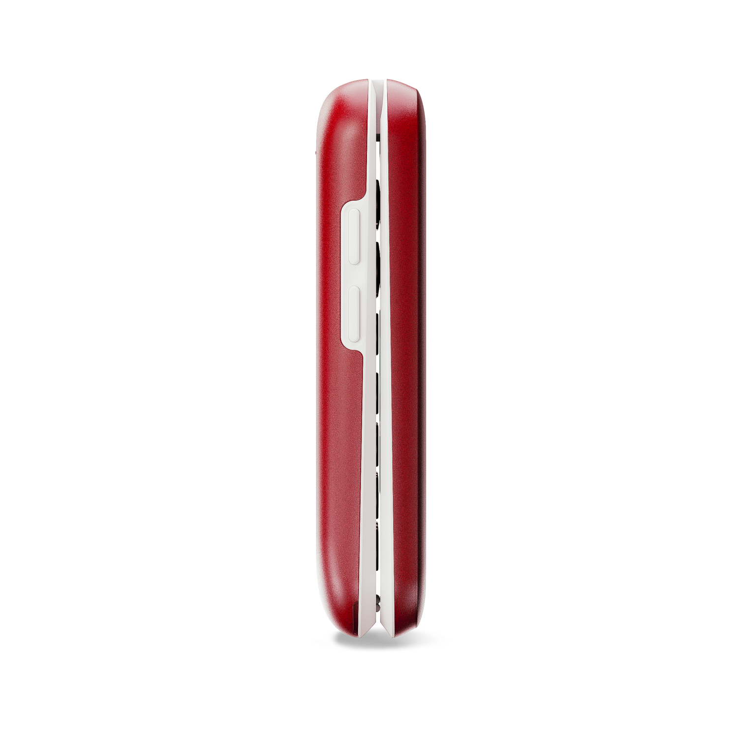 Een gesloten rood-witte klaptelefoon, met zijn zijaanzicht tegen een zwarte achtergrond.