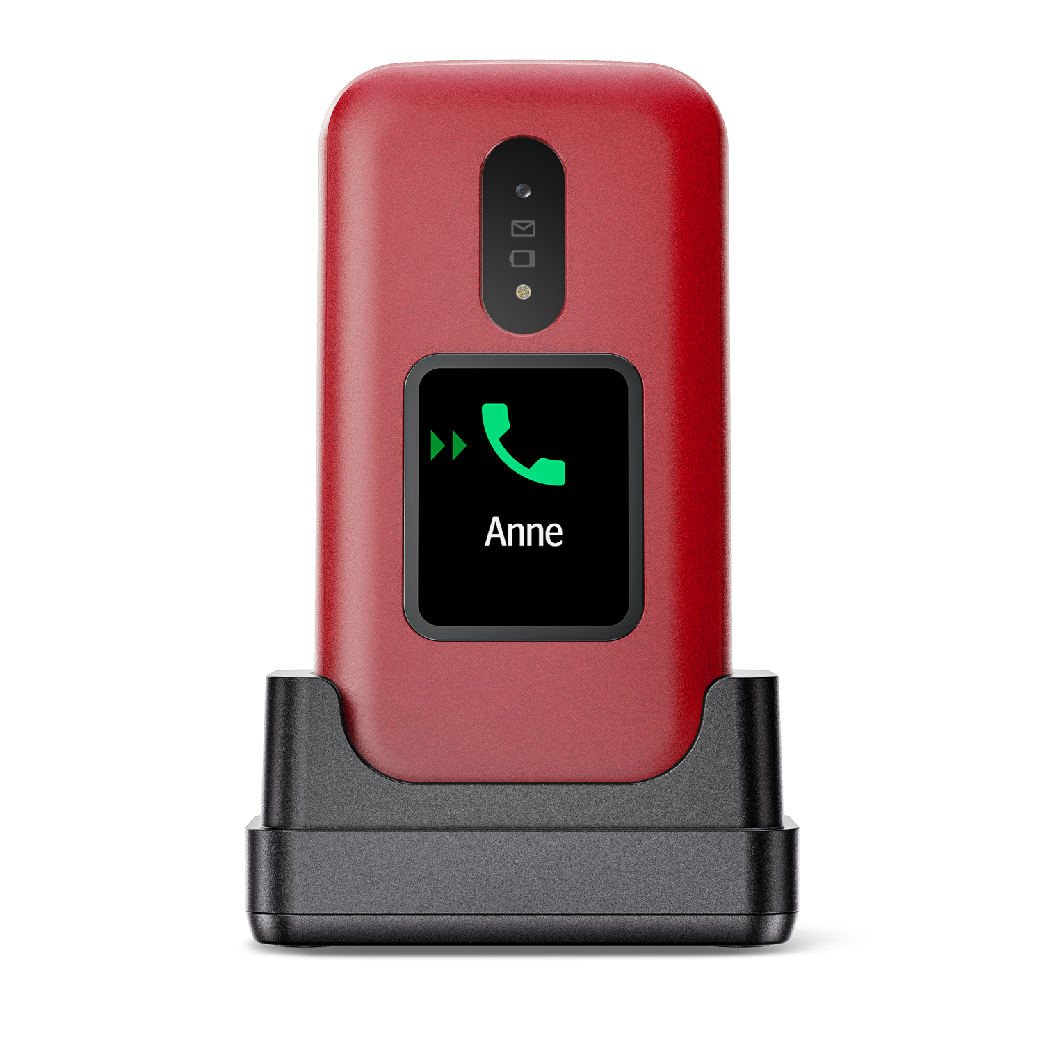 Rode telefoon op oplaadbasis met een scherm dat een inkomende oproep van Anne toont.