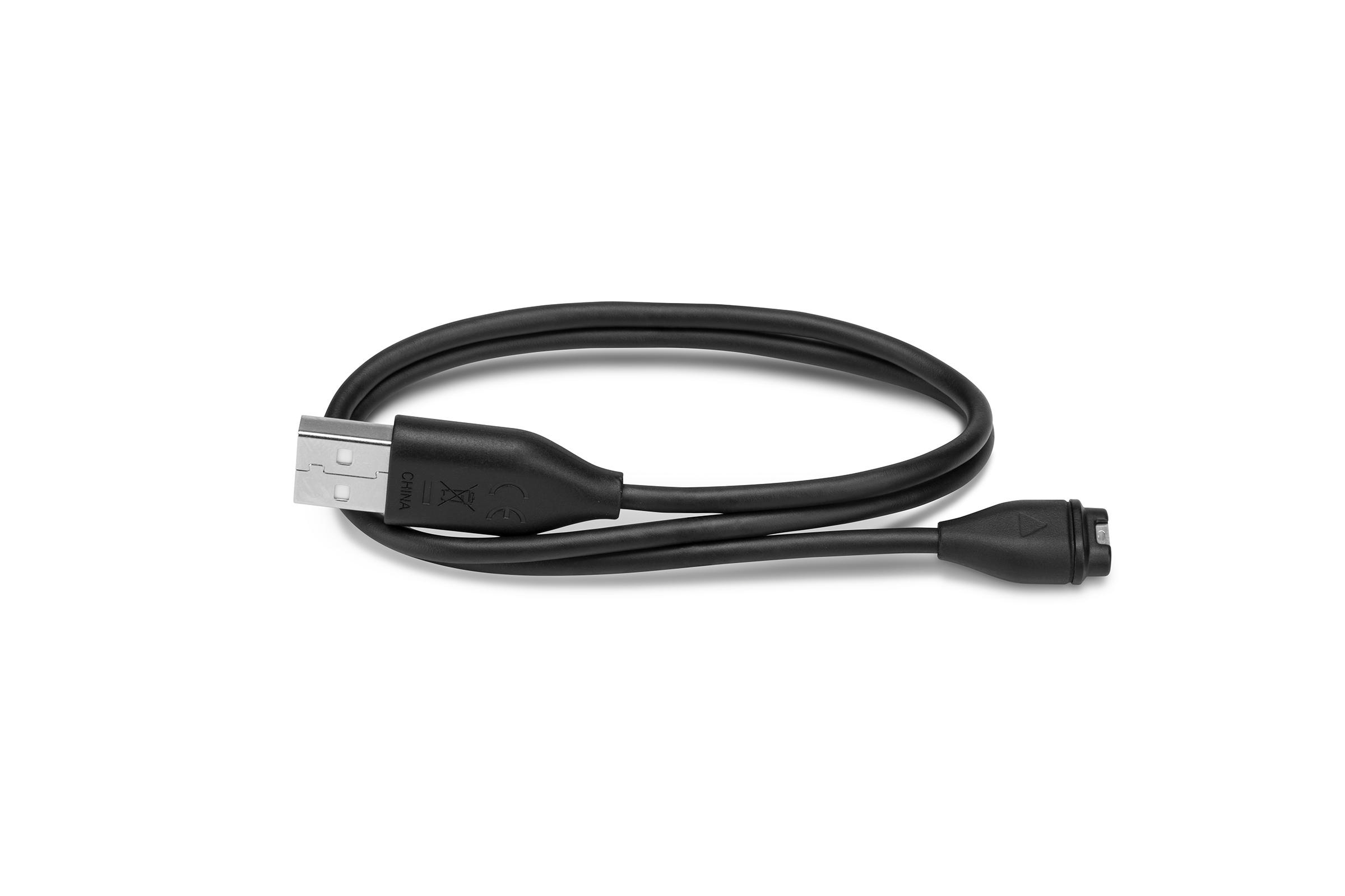 Schwarzes USB-Kabel, aufgerollt, mit USB-A-Anschluss an einem Ende und kleinem Geräteanschluss am anderen.