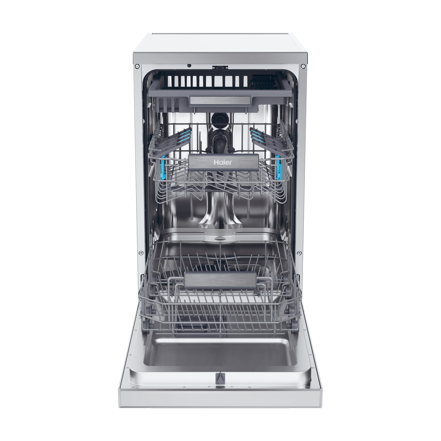 Lavastoviglie con porta aperta. Interno con ripiani, logo Haier.