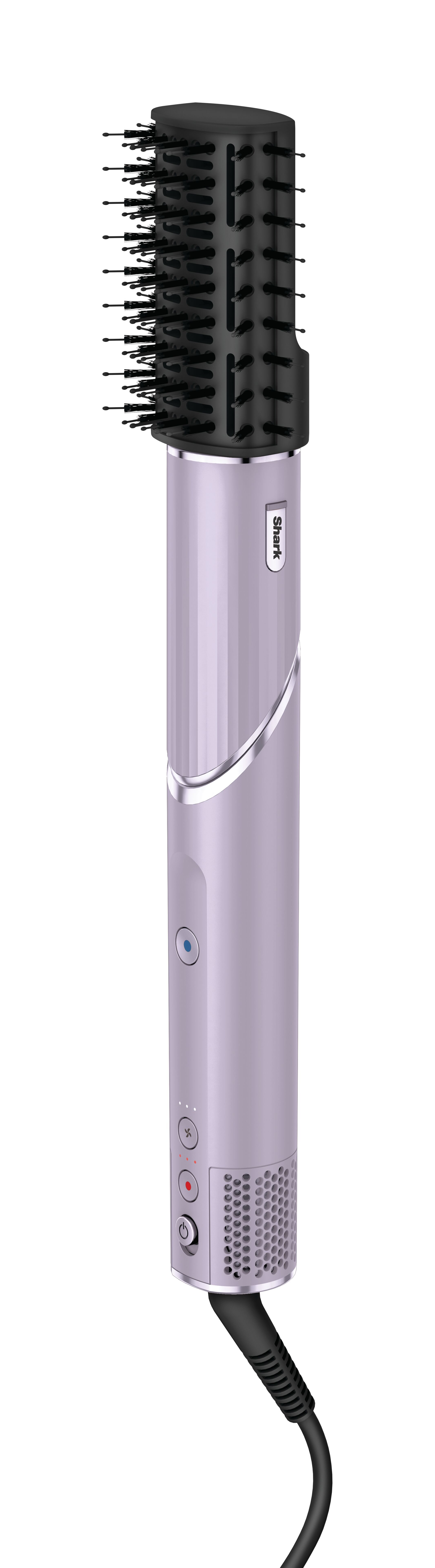 Dönen bir fırça ve siyah bir güç kablosu ile açık mor bir saç şekillendirici.