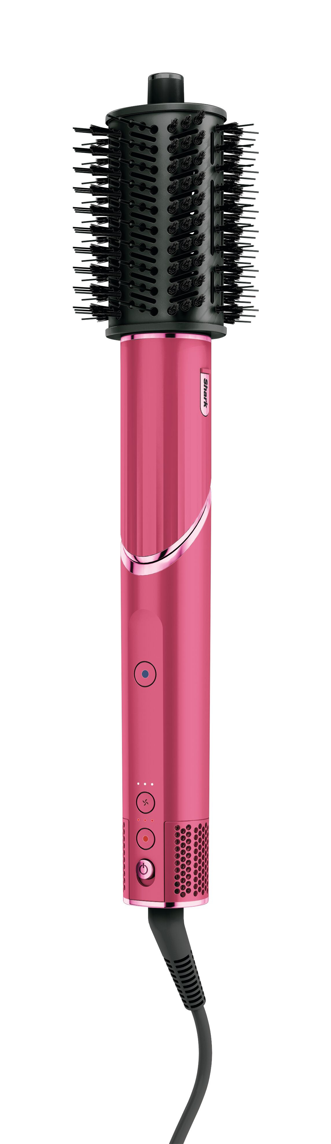Siyah bir fırça başlığına sahip pembe bir saç şekillendirme fırçası.